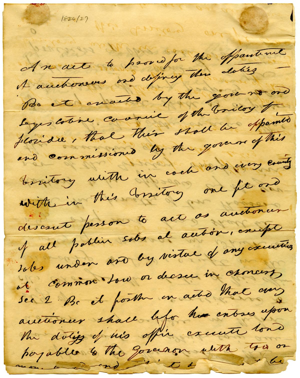 Draft of an Act to Provide for the Appointment of Auctioneers in the Florida Territory, circa 1827
