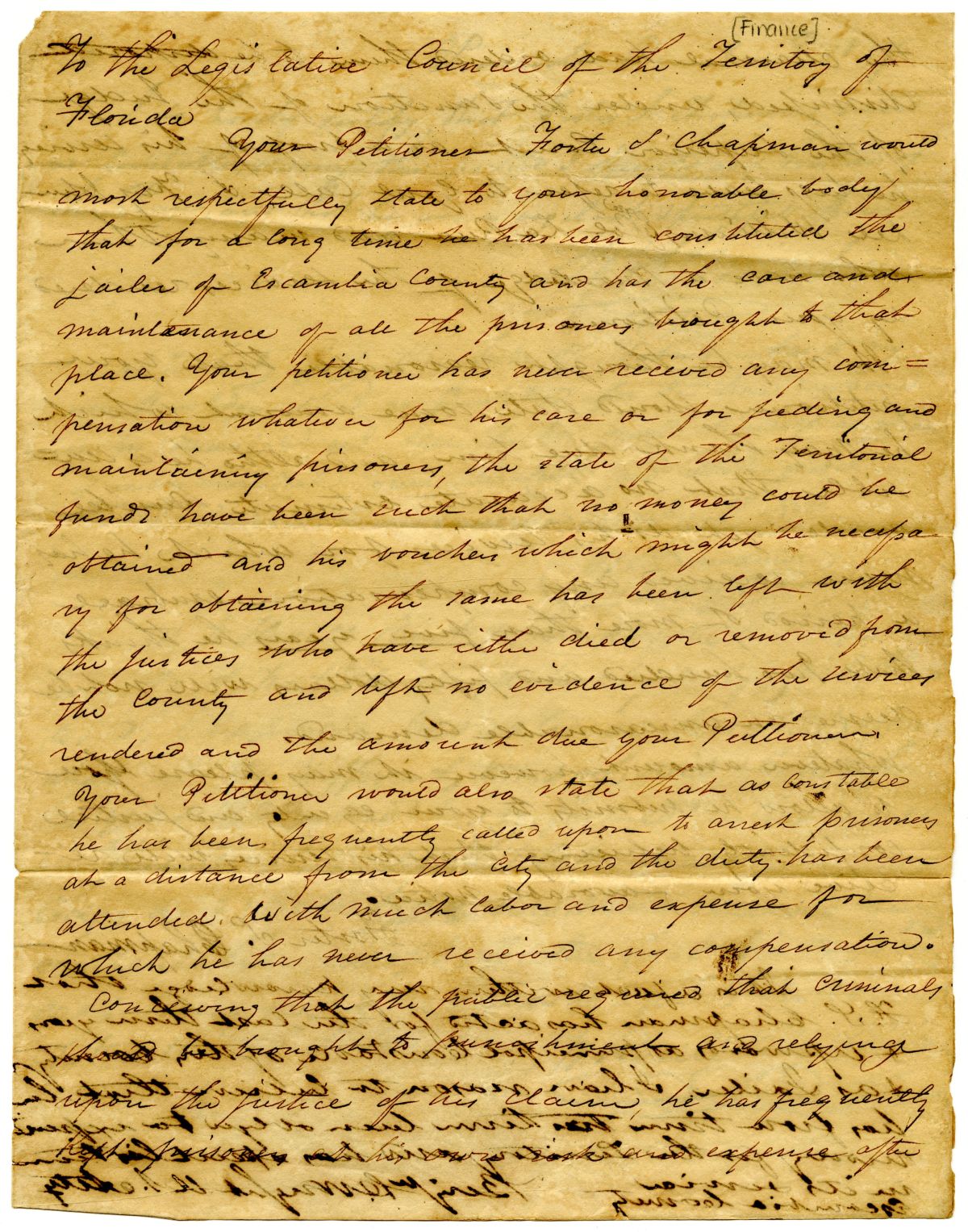Petition of Foster S. Chapman to the Territorial Legislative Council Requesting Compensation for Work Done as Constable, 1827