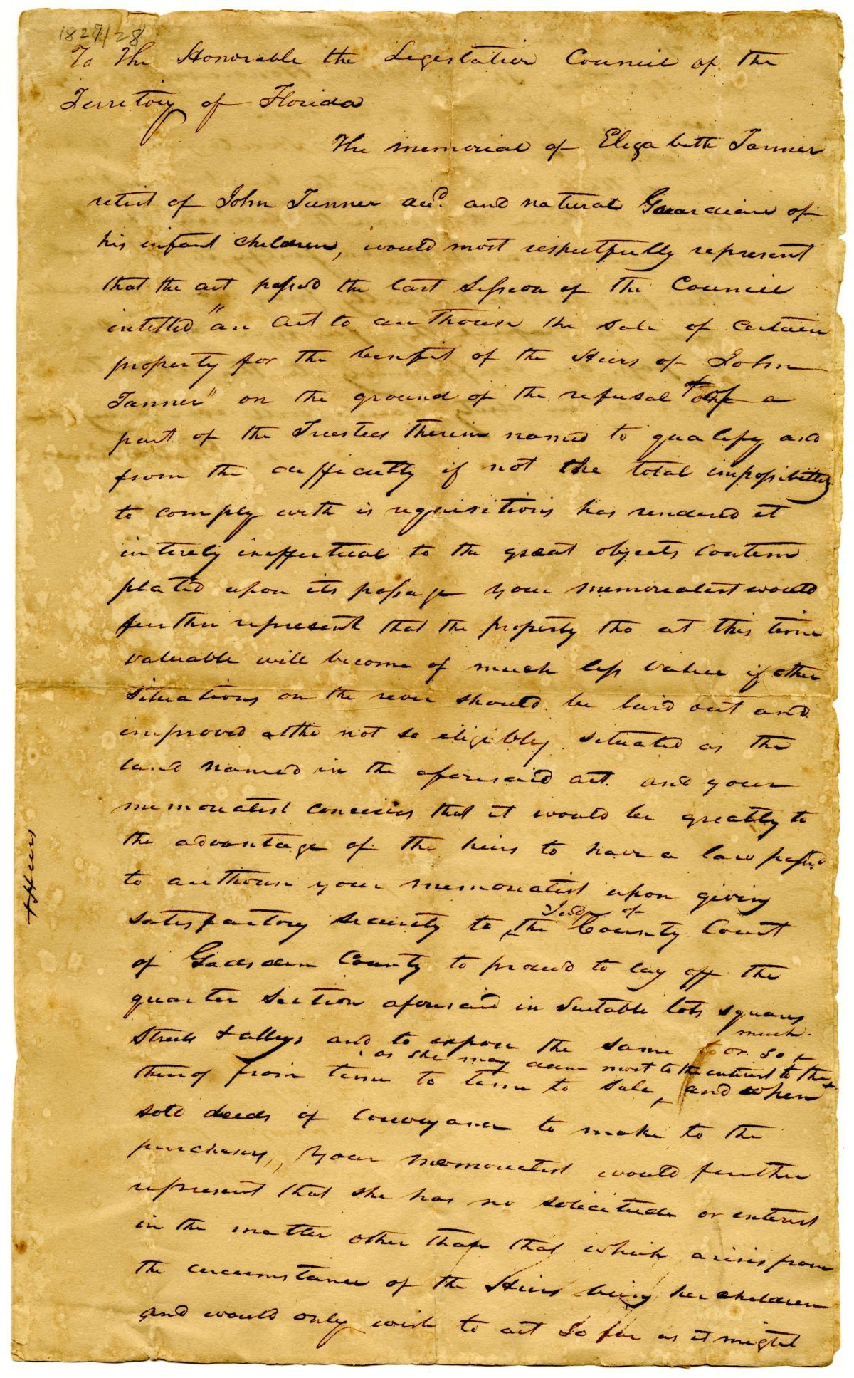 Memorial of Elizabeth Tanner Requesting a Law Be Passed for the Benefit of Her Children, 1827
