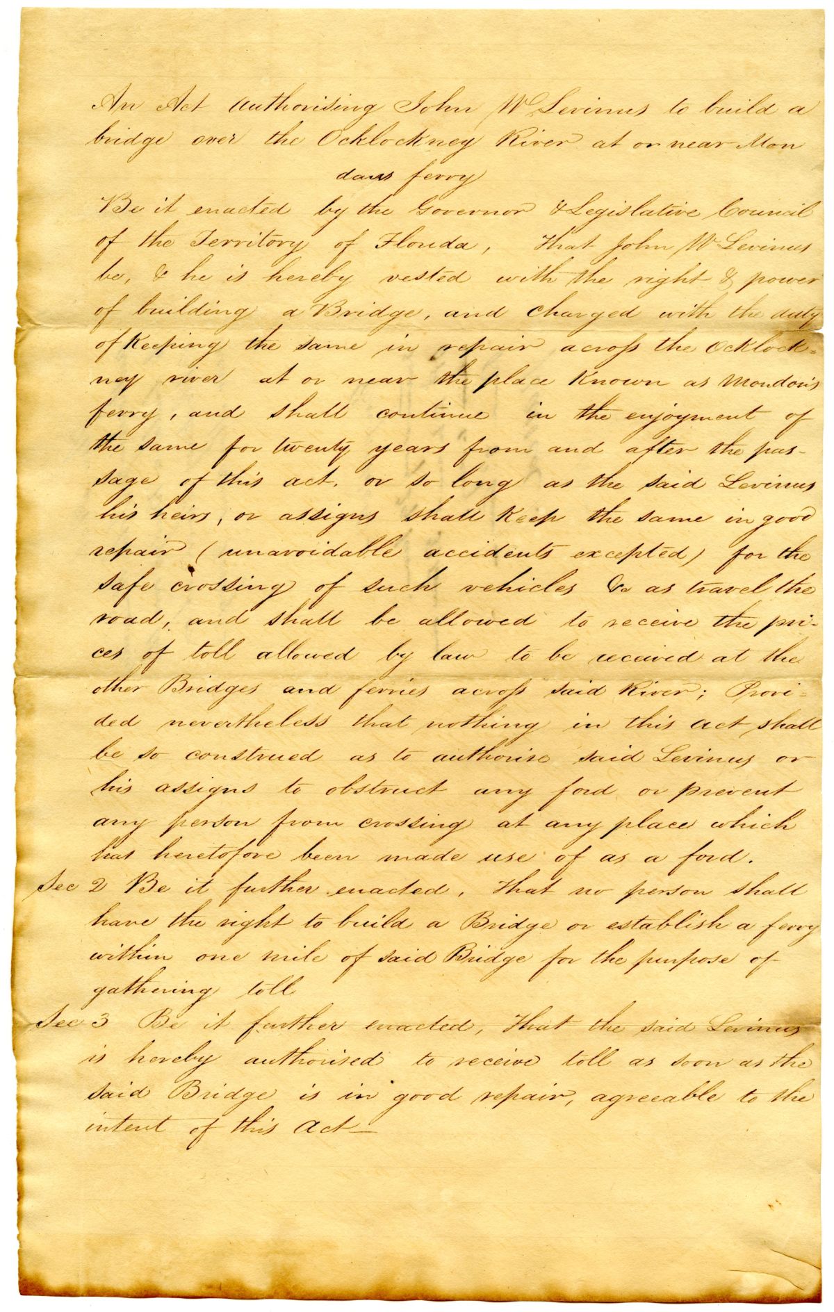 Draft of an Act to Allow John W. Levinus to Build a Bridge on the Ochlockonee River, 1831