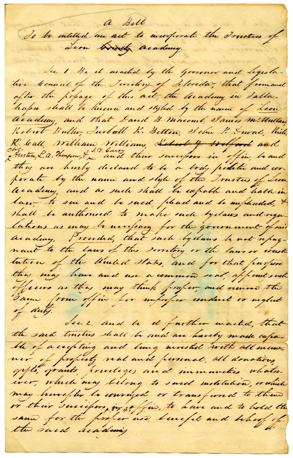Draft of an Act to Incorporate the Trustees of Leon Academy, 1831