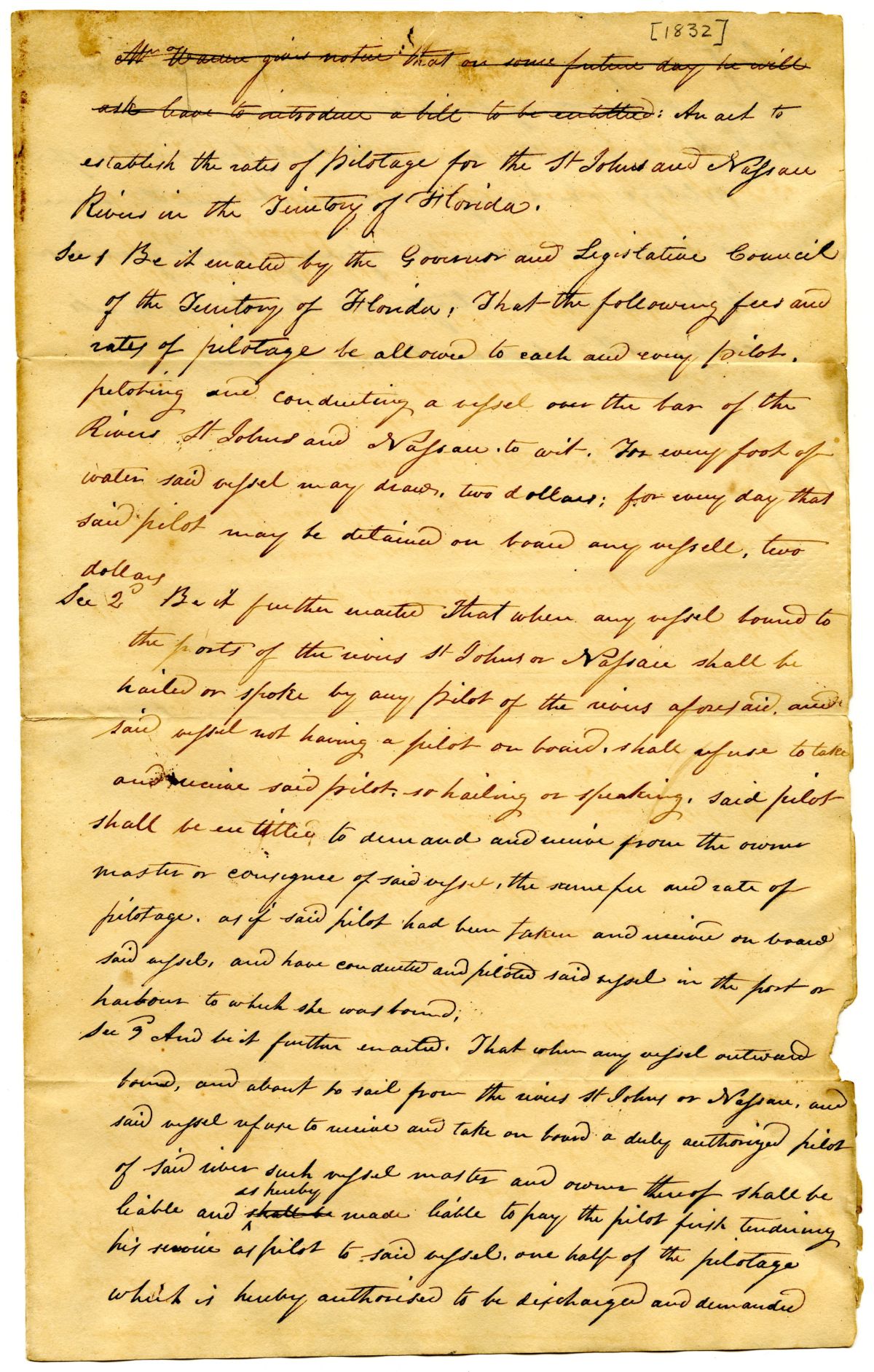 Draft of an Act to Establish the Rates of Pilotage for the Saint Johns and Nassau Rivers, 1832