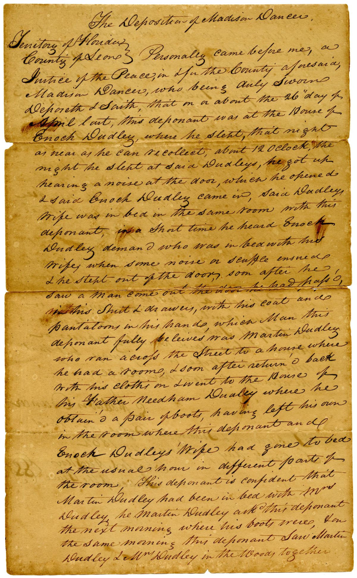 Affidavit of Madison Dancer Attesting to the Infidelity of Sarah Dudley, 1832