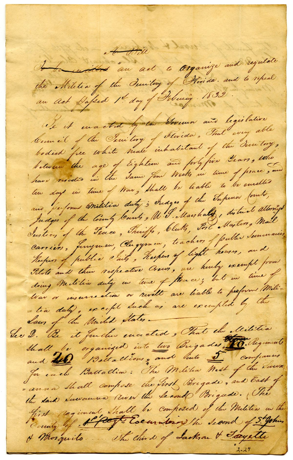 Draft of an Act to Organize and Regulate the Militia of the Territory of Florida, 1832