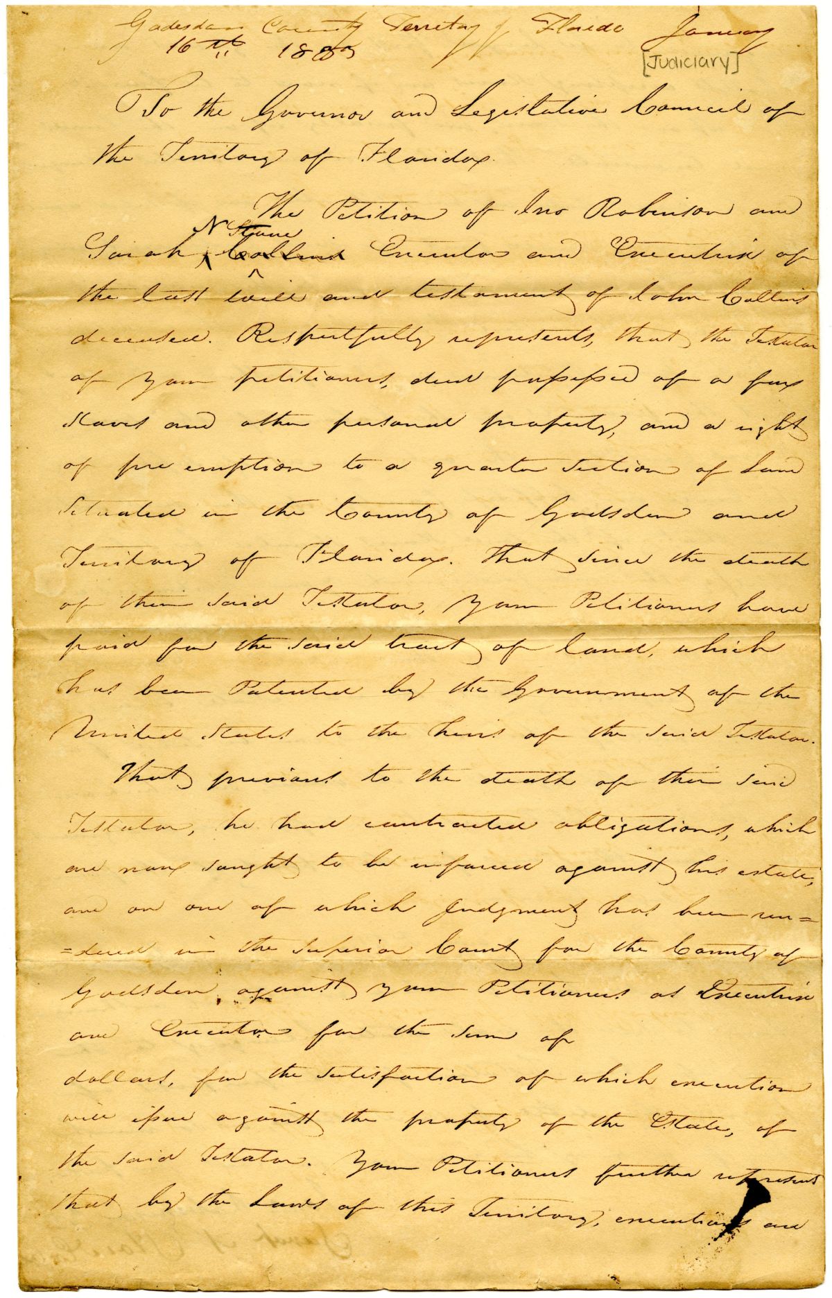 Petition of John Robinson and Sarah Stone Requesting to Sell the Real Estate of John Collins, 1833