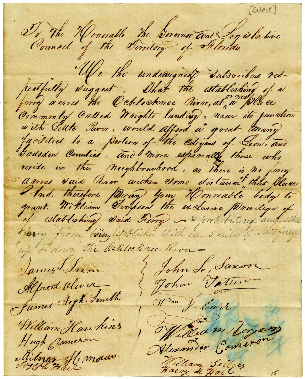 Petition of Citizens Requesting the Establishment of a Ferry on the Ochlockonee River, 1833