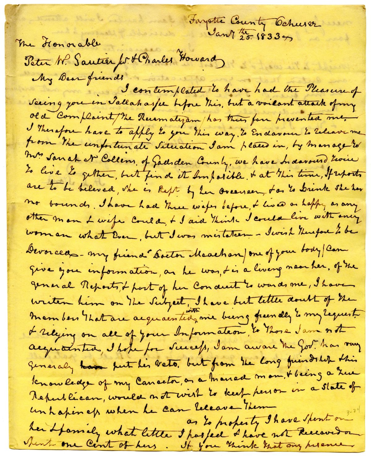 Letter from H. D. Stone to Councilmen Gautier and Howard Requesting a Divorce, 1833
