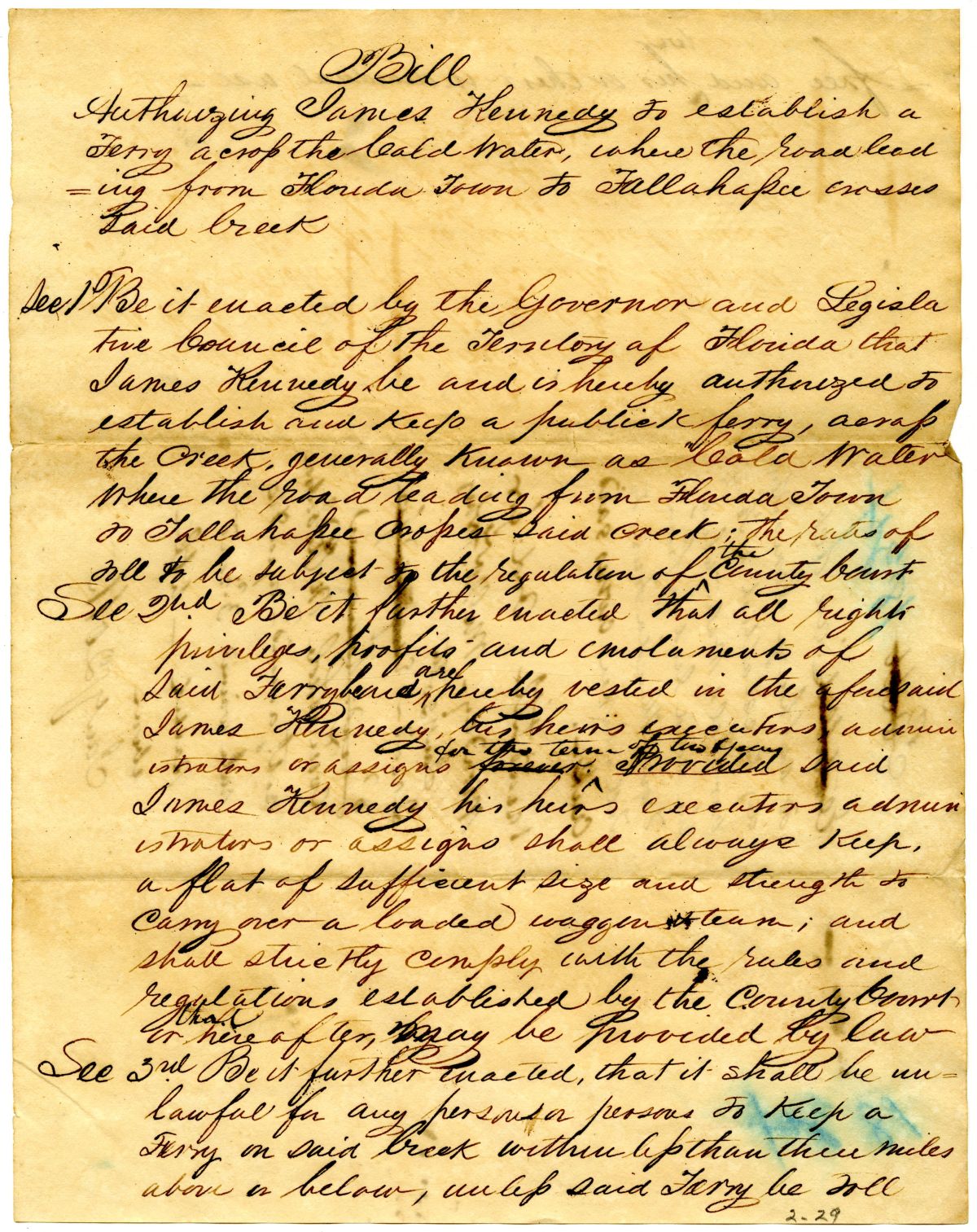 Draft of an Act to Authorize James Kennedy to Establish a Ferry Across the Cold Water, 1834