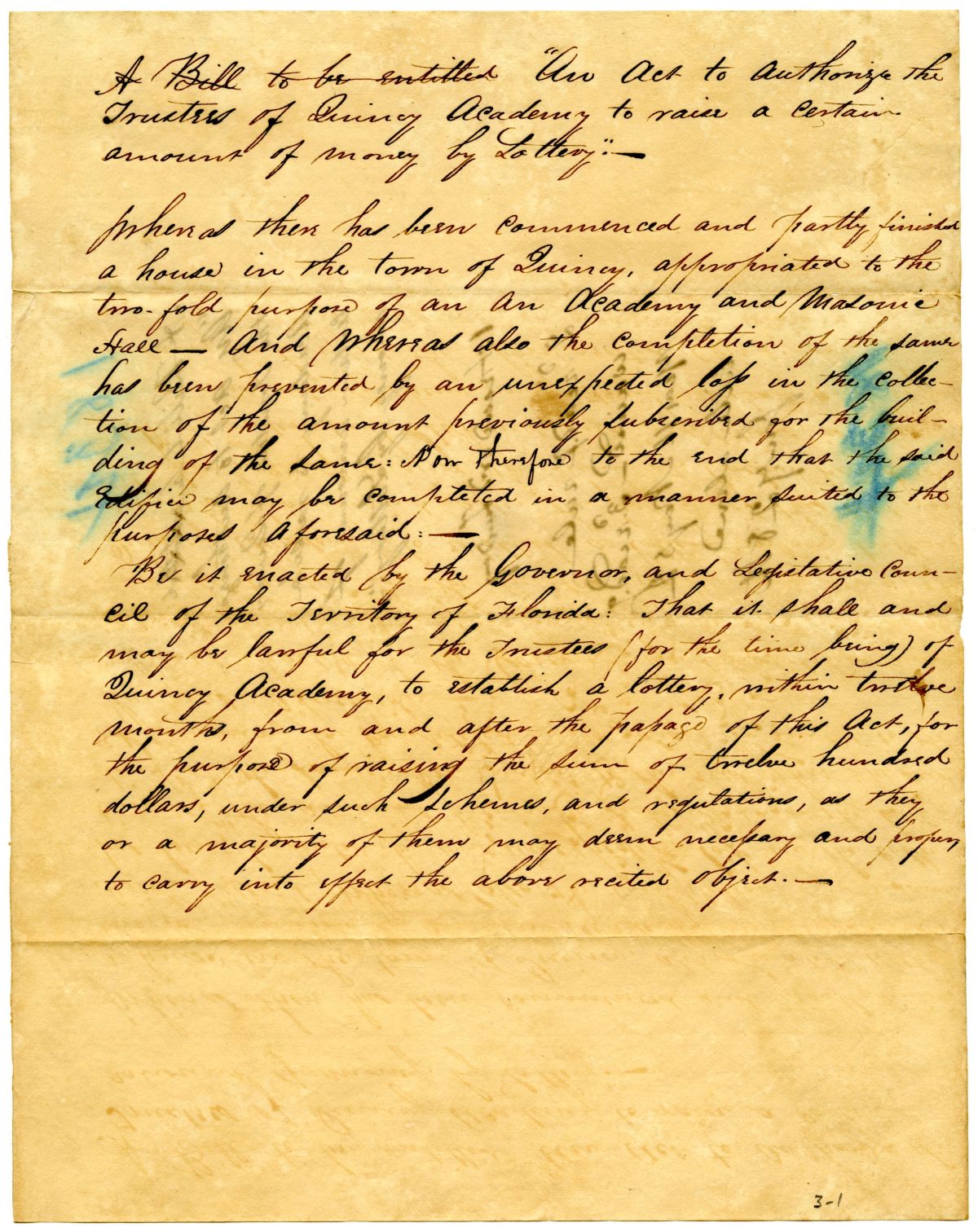 Draft of an Act to Authorize the Trustees of Quincy Academy to Raise Money by Lottery, 1834