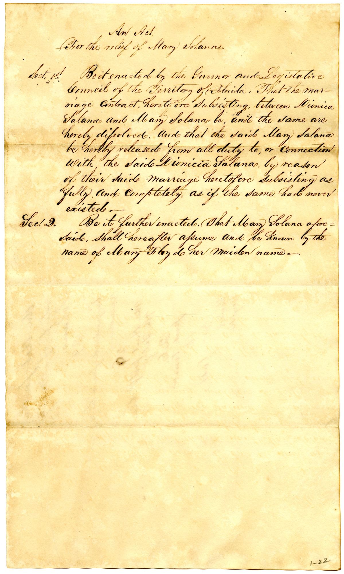 Draft of an Act for the Relief of Mary Solana, circa 1834