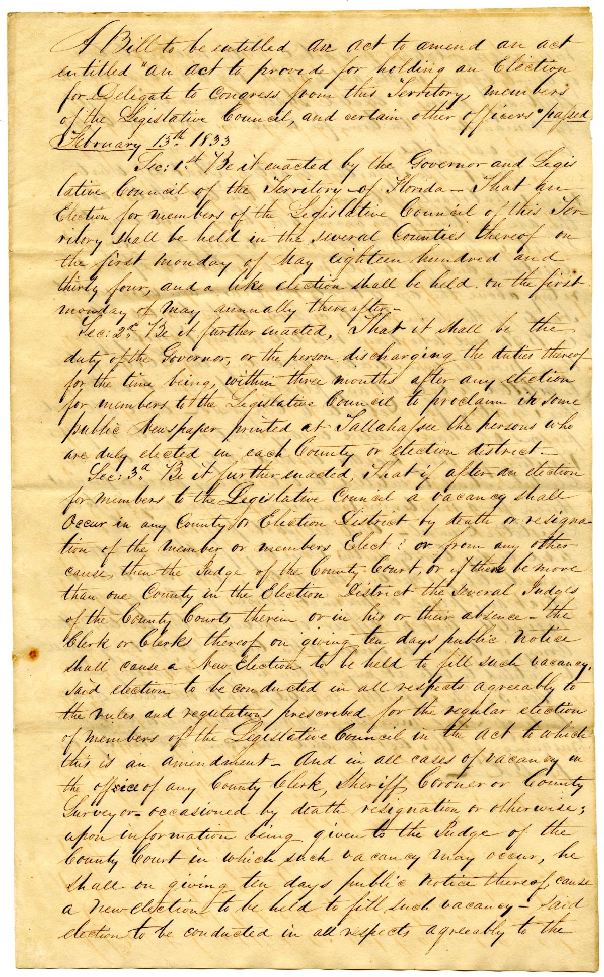 Draft of an Act to Amend an Act to Provide for the Election of Delegate in Congress and Other Officials, 1834
