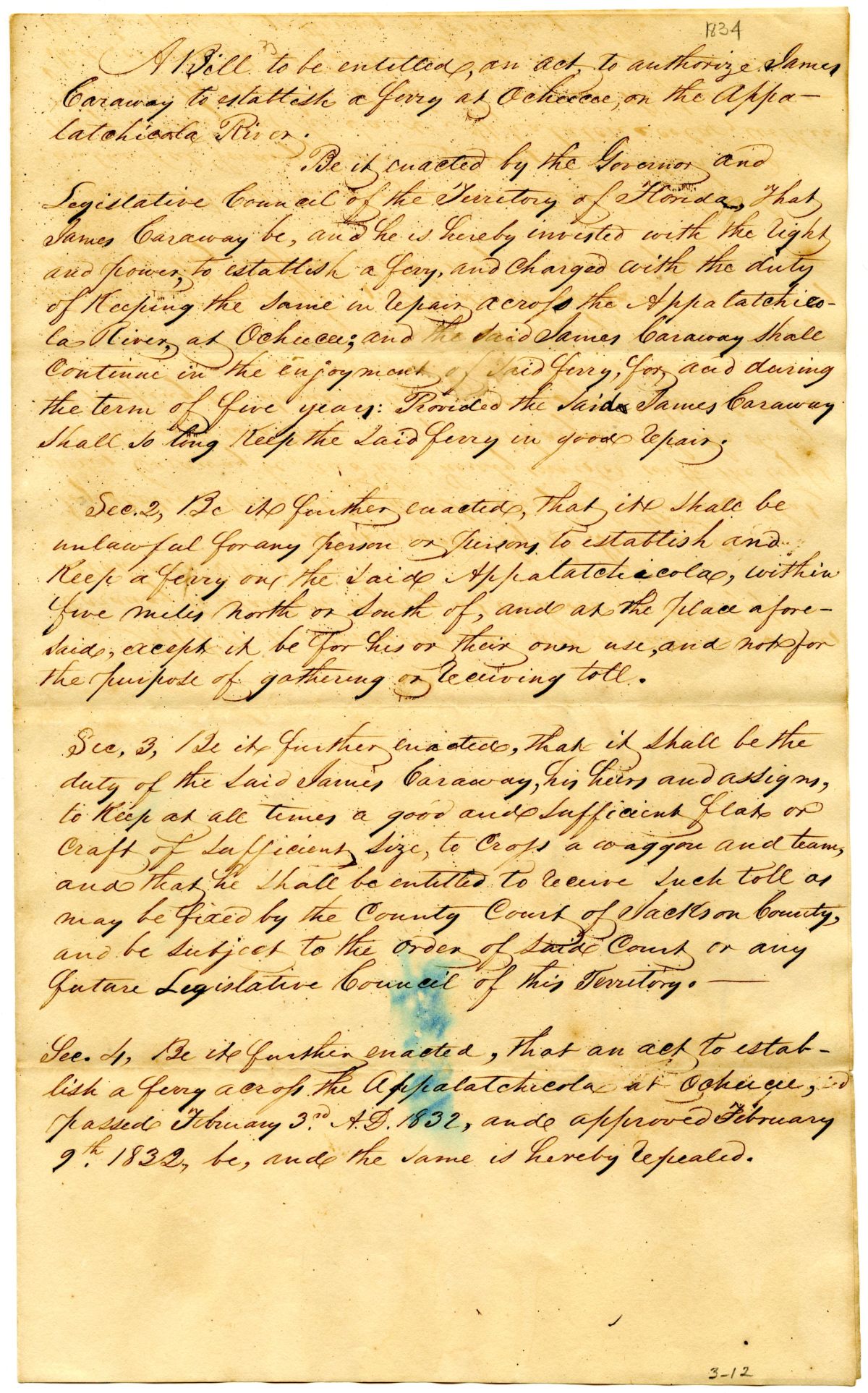 Draft of an Act Authorizing James Caraway to Establish a Ferry at Ocheesee, 1834