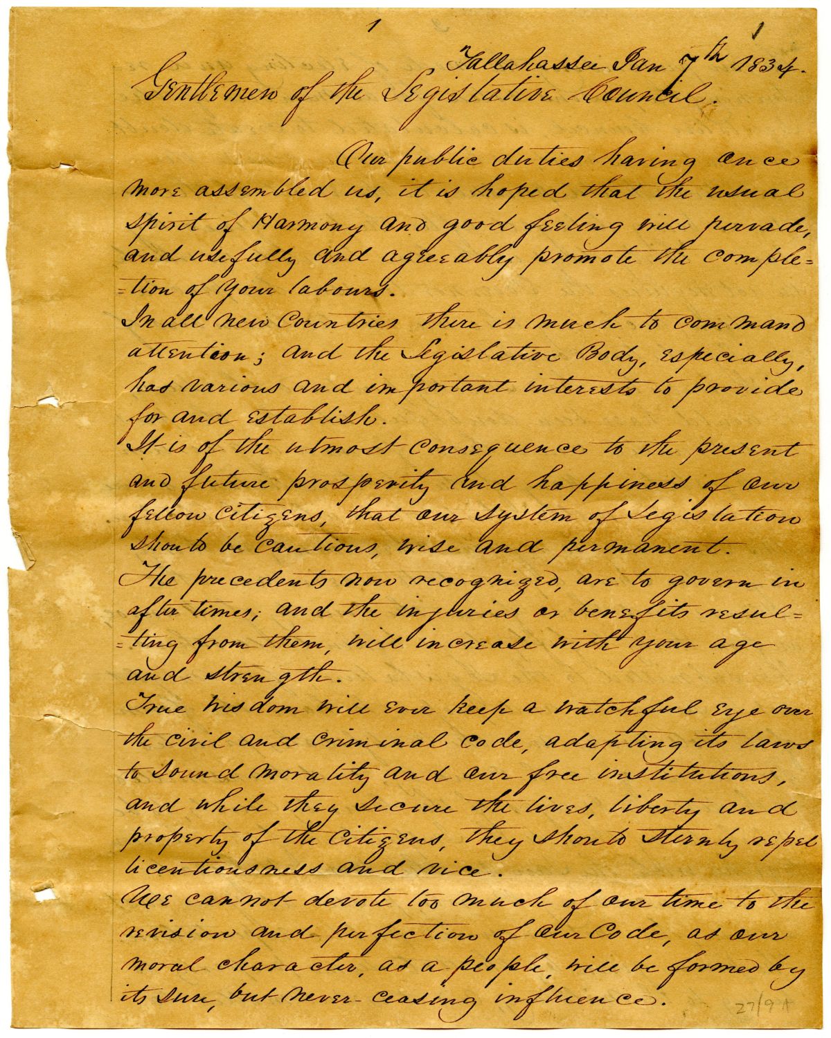 Message from Governor William Pope Duval to the Territorial Legislative Council, 1834