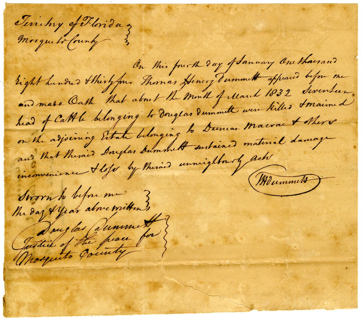 Affidavit of Thomas Henry Dummett Attesting that Douglas Dummett's Cattle Were Killed, 1834