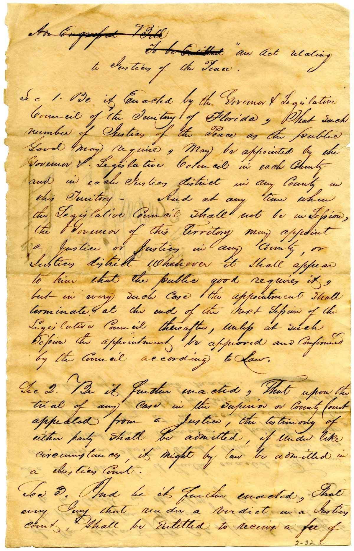 Draft of an Act Relating to Justices of the Peace, 1833