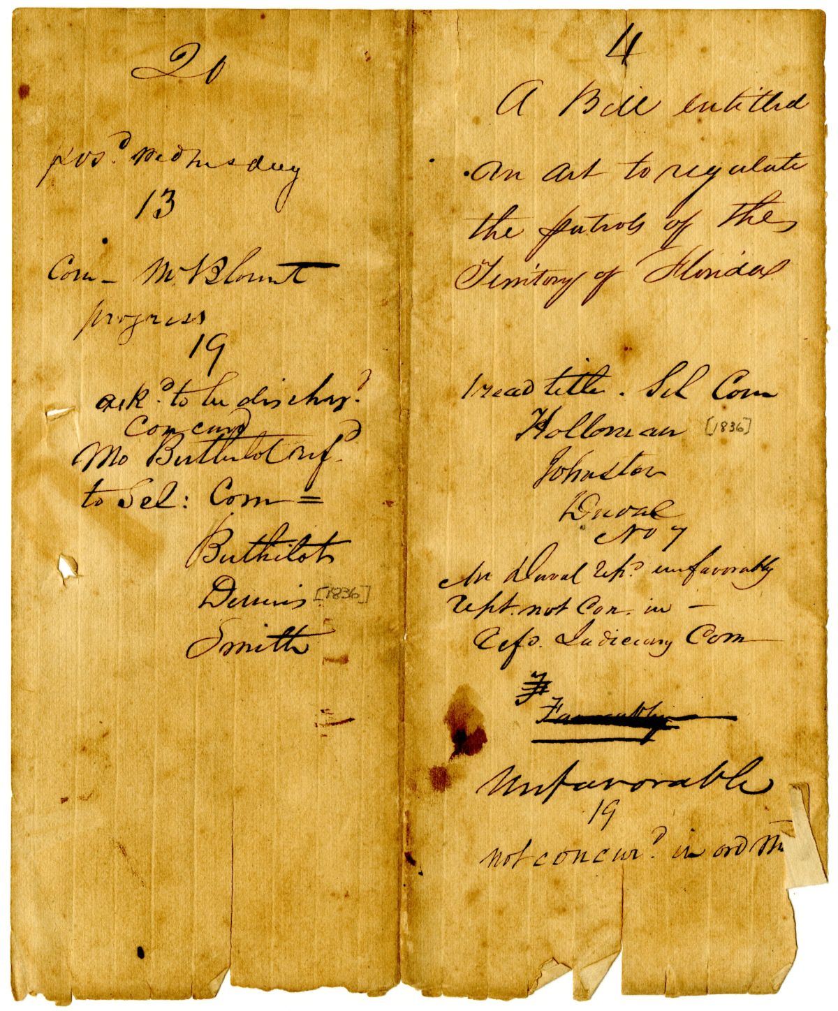 Draft of an Act to Regulate the Patrols of the Territory of Florida, 1836