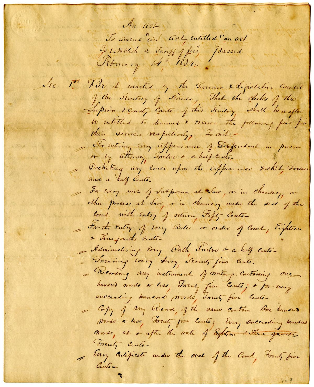 Draft of an Act to Amend an Act to Establish a Tariff of Fees, circa 1835