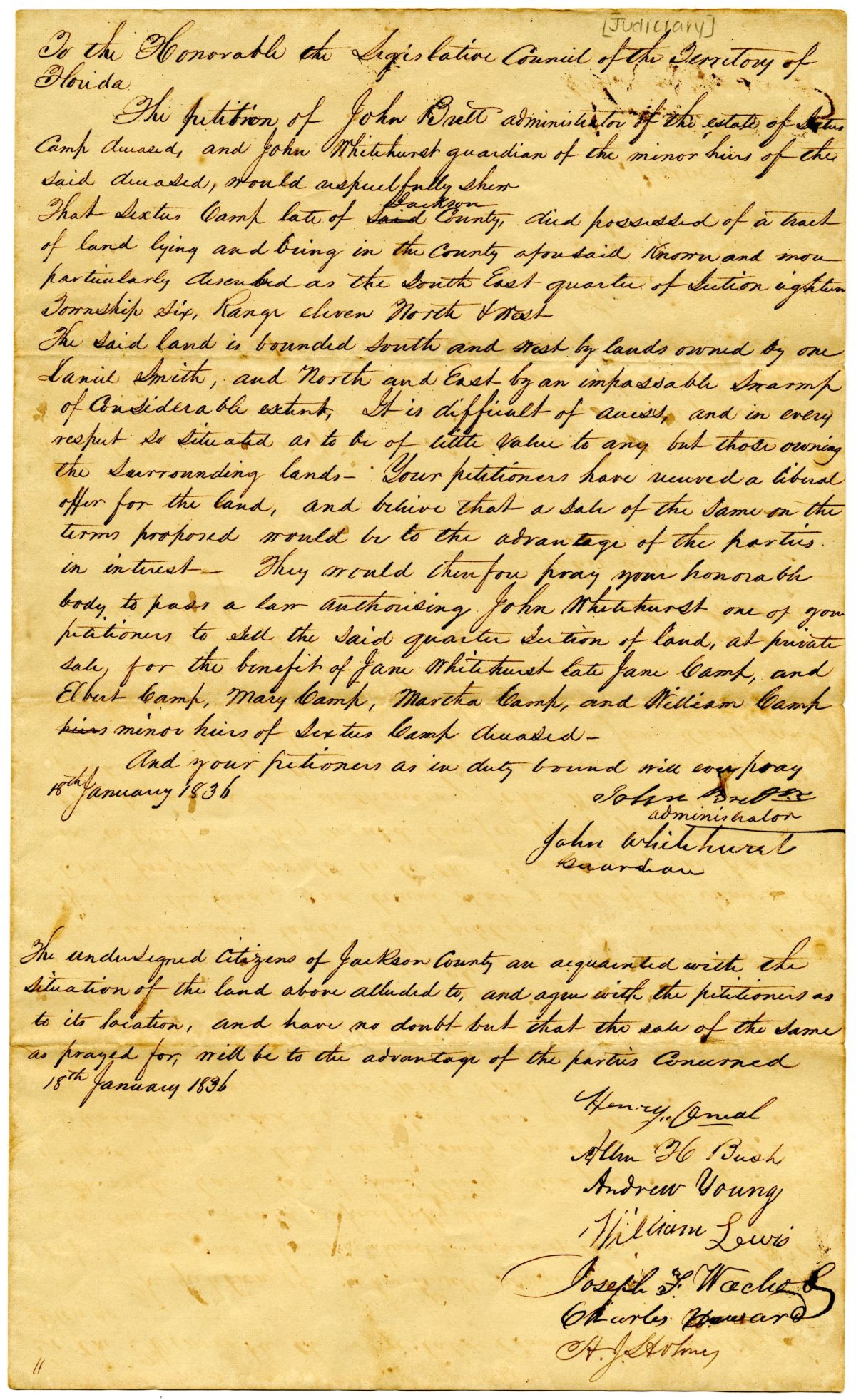Petition of John Brett Requesting to Sell Land Belonging to the Estate of Sextus Camp, 1836