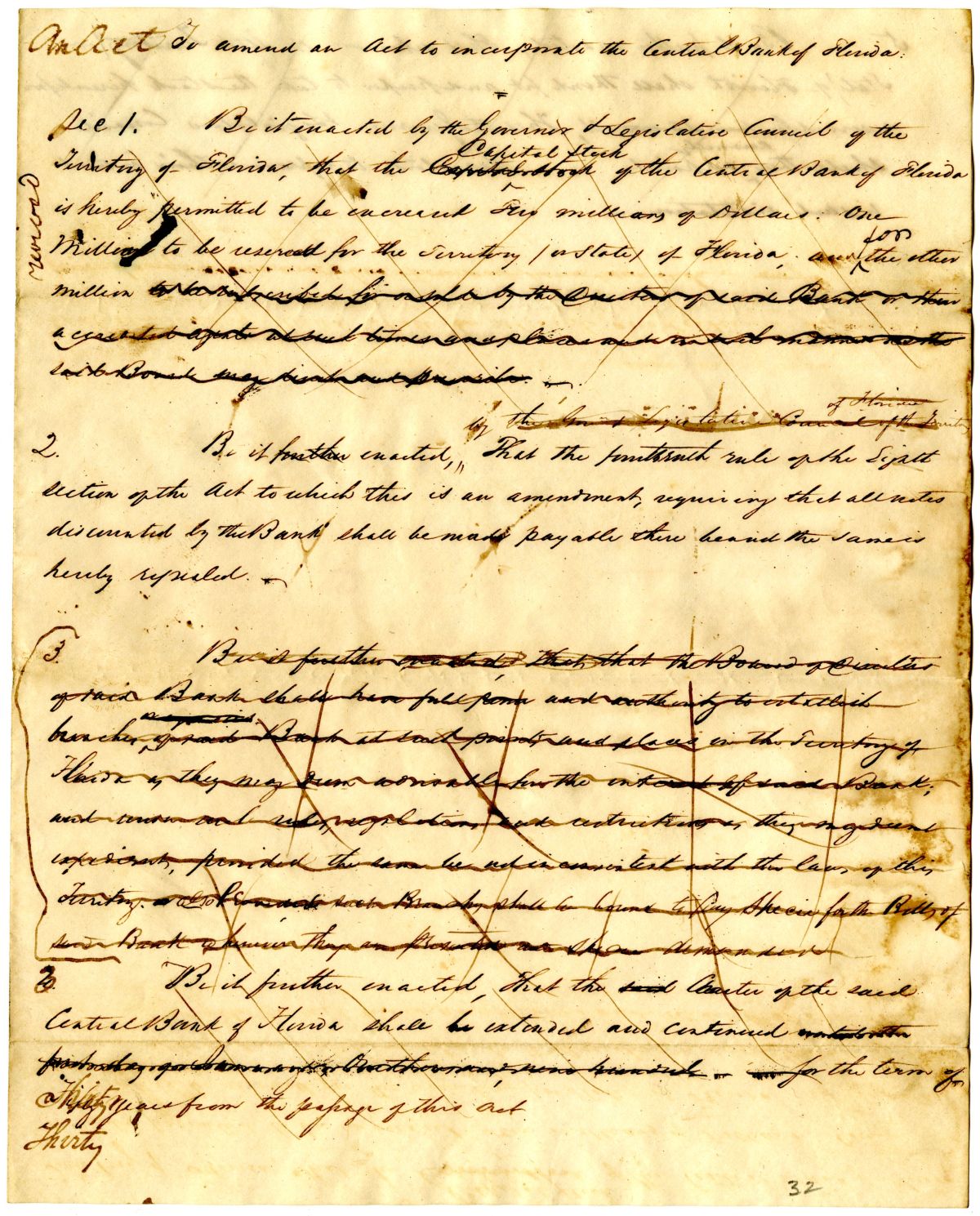 Draft of an Act to Amend an Act to Incorporate the Central Bank of Florida, 1837