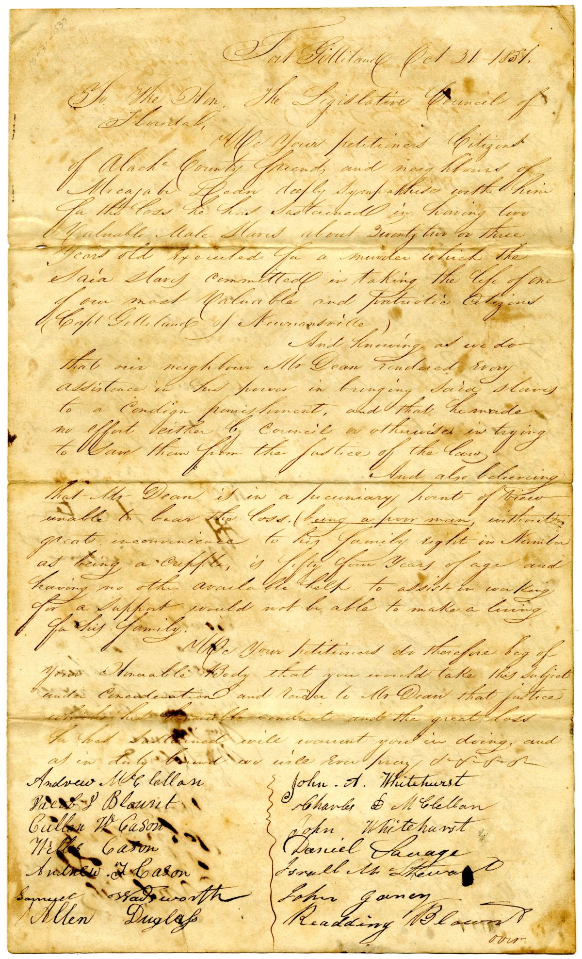 Petition of Citizens Requesting Relief for Micajah Dean, 1837