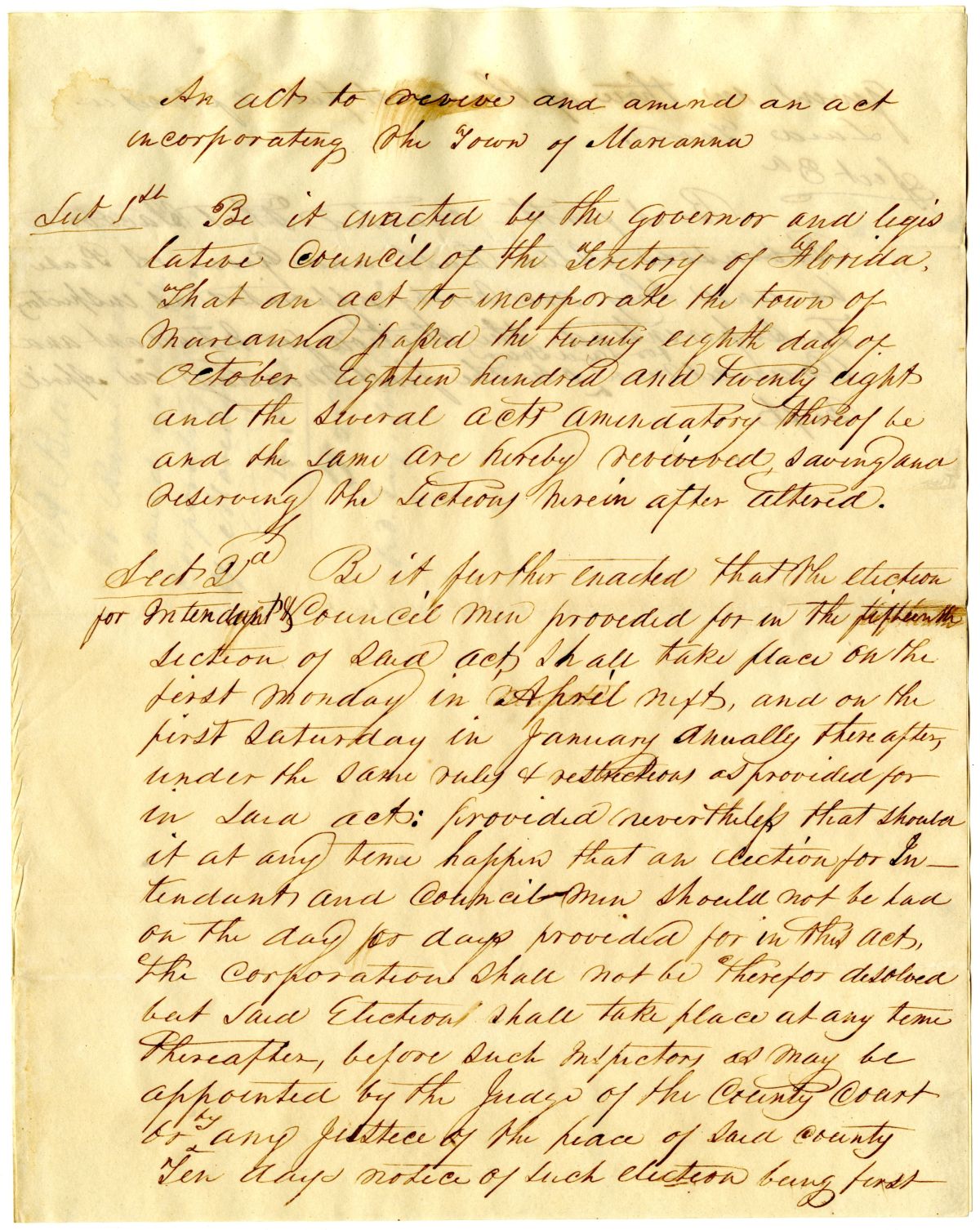 Draft of an Act to Revive and Amend an Act Incorporating the Town of Marianna, 1837