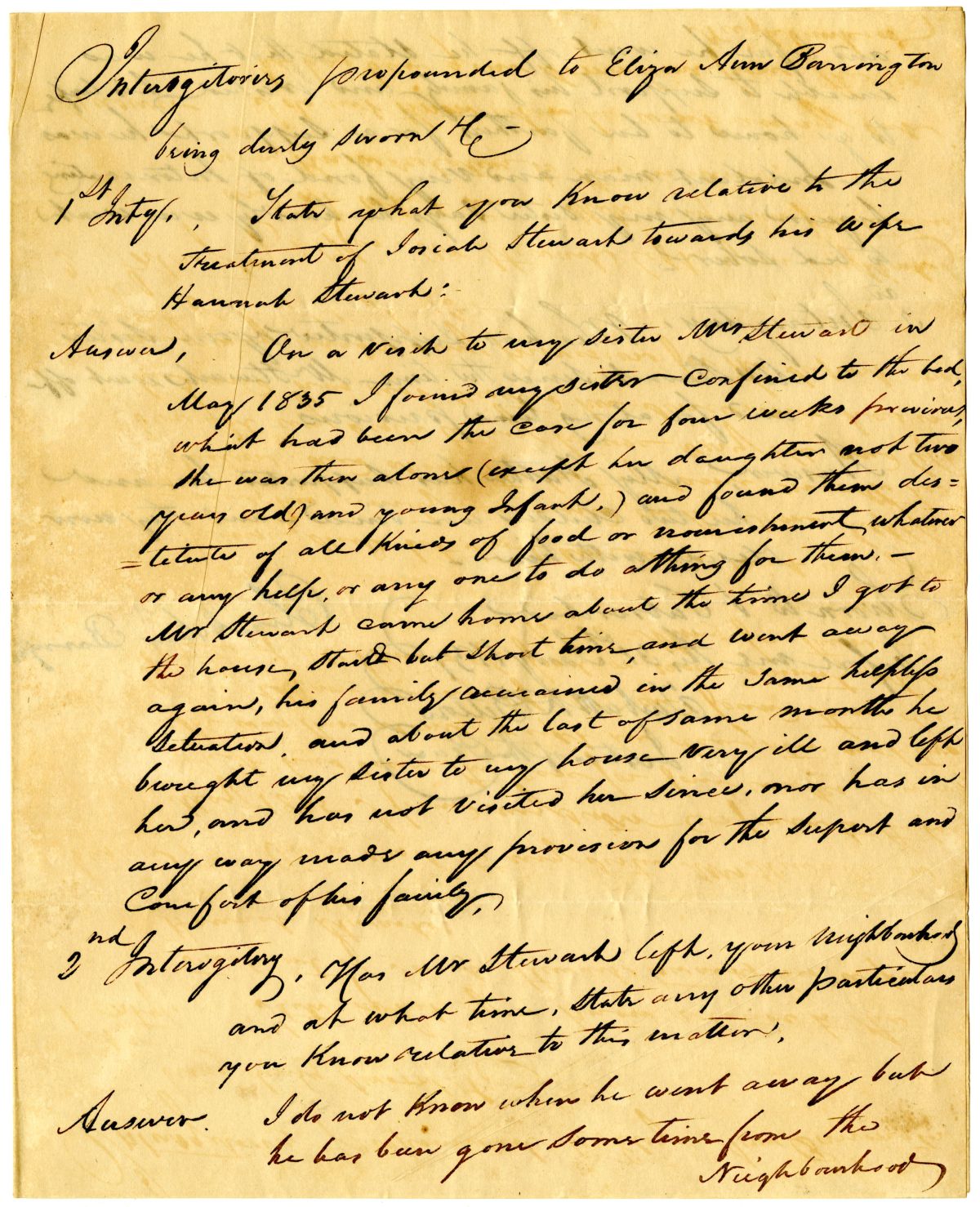 Interrogatories Propounded to Eliza Ann Barrington Concerning the Marriage of Josiah and Hannah Stewart, 1837
