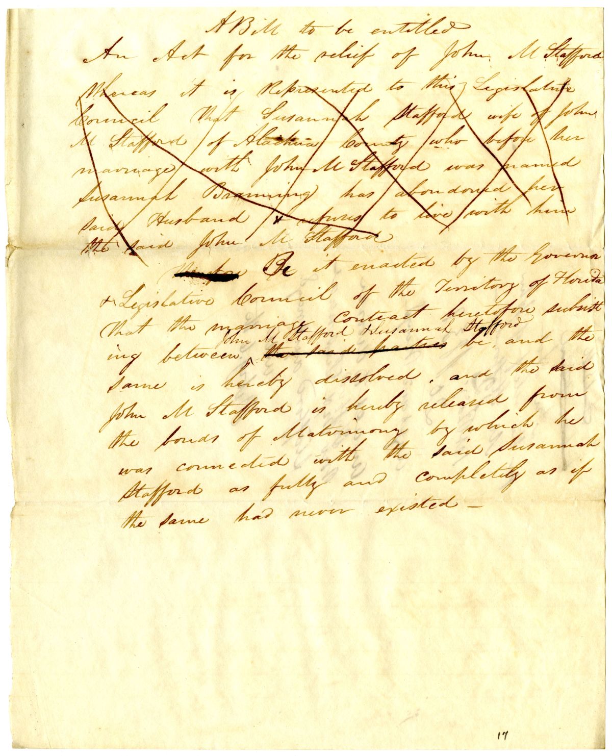 Draft of an Act for the Relief of John M. Stafford, 1838