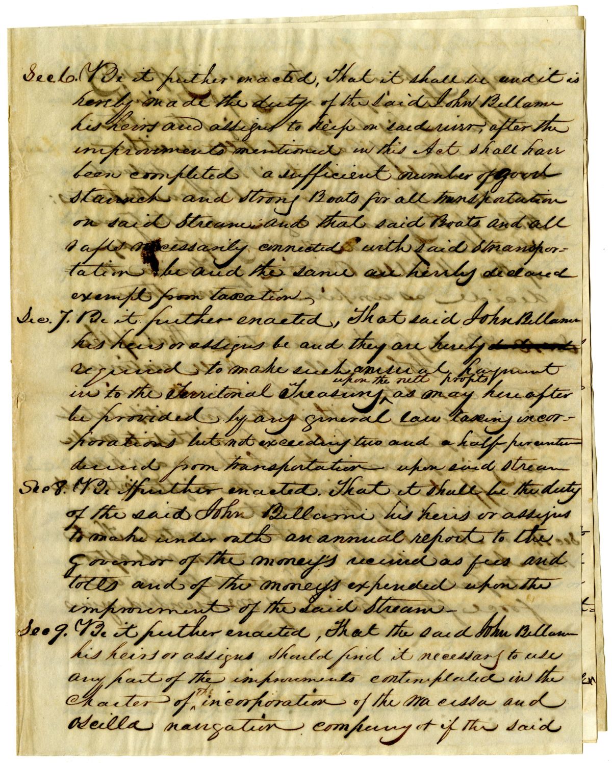 Draft of an Act to Authorize John Bellame to Render the Aucilla River Navigable, 1838