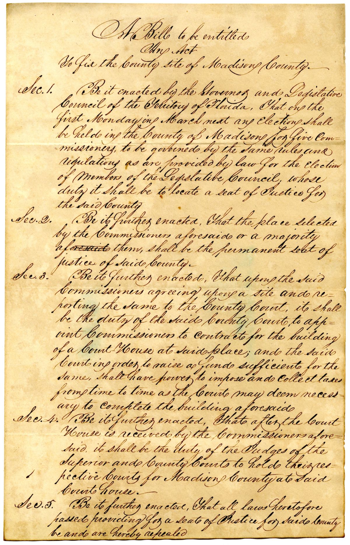 Draft of an Act to Fix the County Site of Madison County, 1838