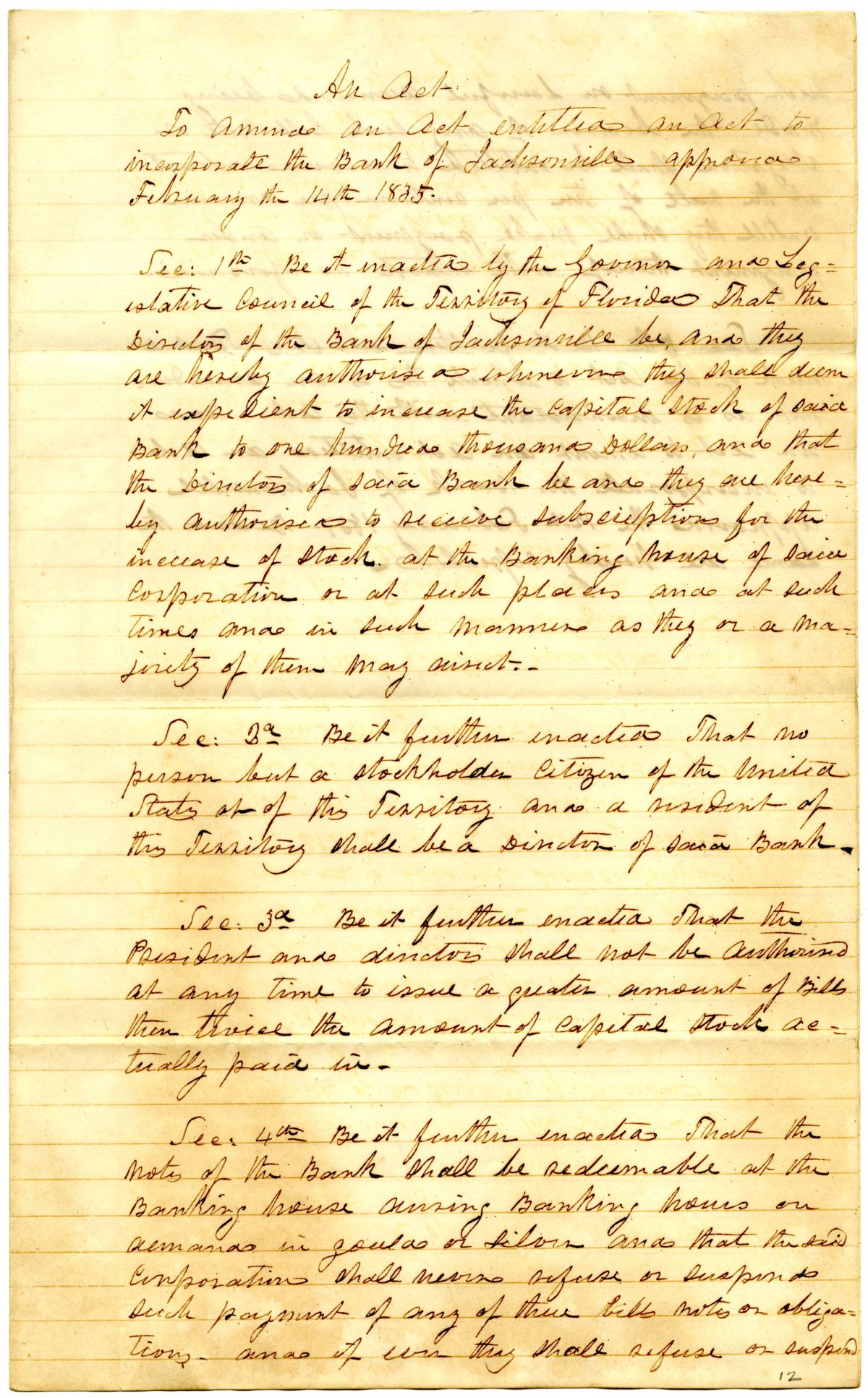 Draft of an Act to Amend an Act to Incorporate the Bank of Jacksonville, 1838