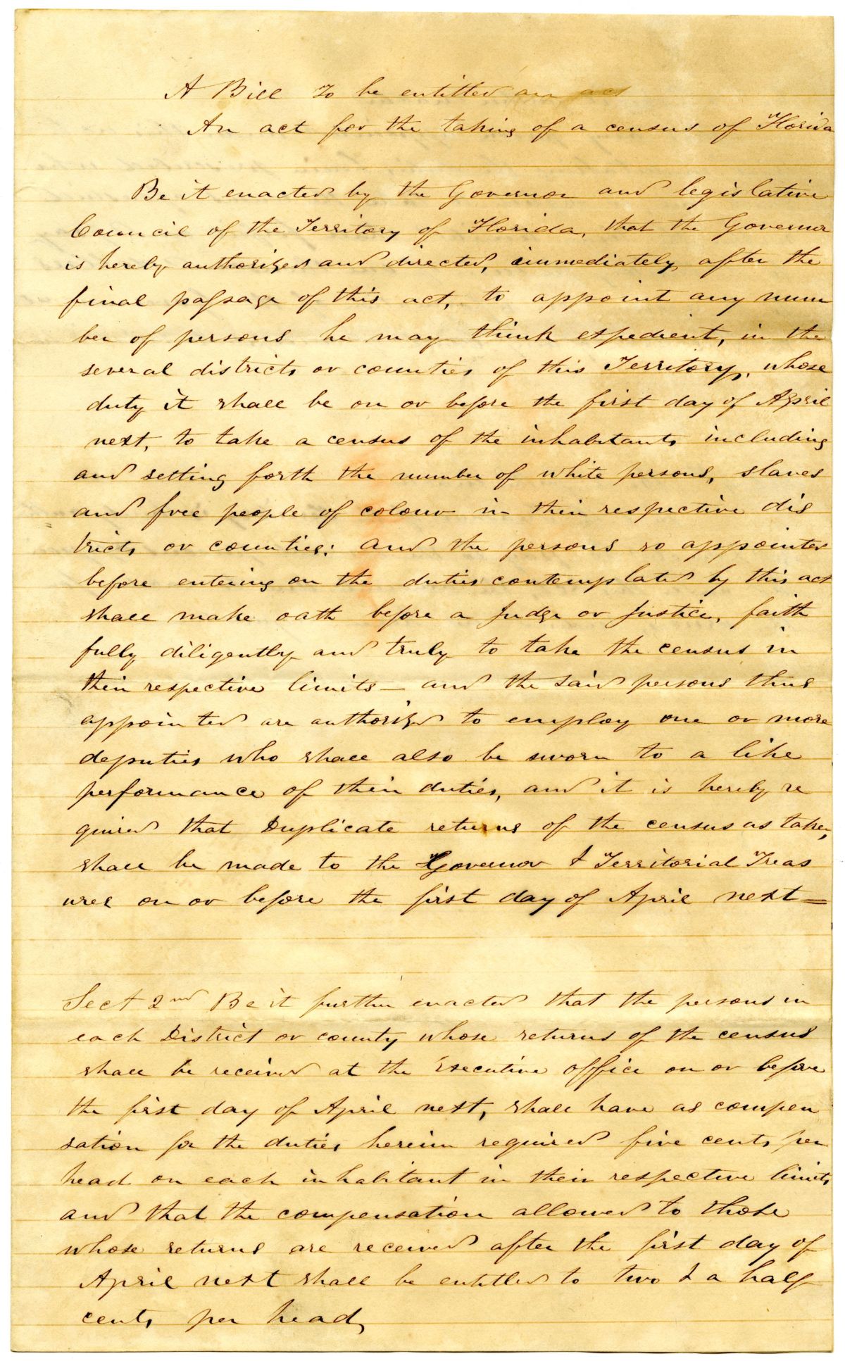 Draft of an Act for the Taking of a Census in Florida, 1838