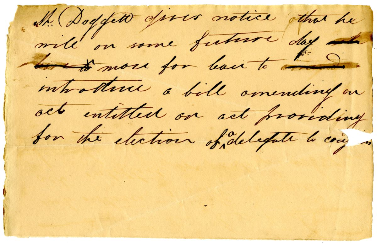 Notice that Representative John L. Doggett Will Motion to Introduce a Bill to Amend an Act Concerning the Election of Delegate to Congress, circa 1827