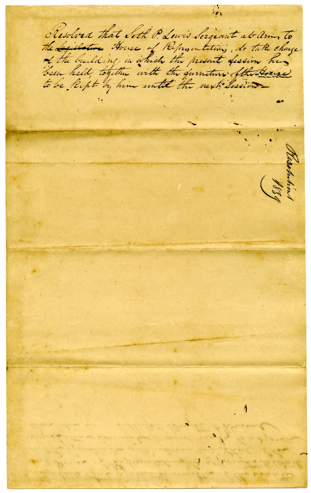 Resolution Directing the Sergeant-at-Arms Take Care of the Territorial Legislative Council Building Until the Next Session, 1839