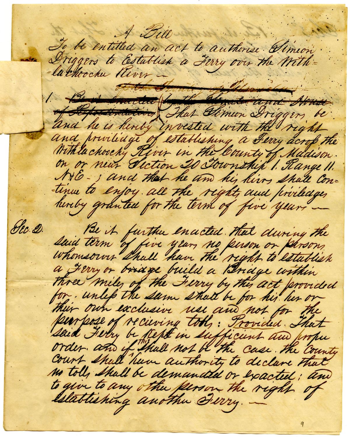 Draft of an Act to Authorize Simeon Driggers to Establish a Ferry over the Withlacoochee River, 1840