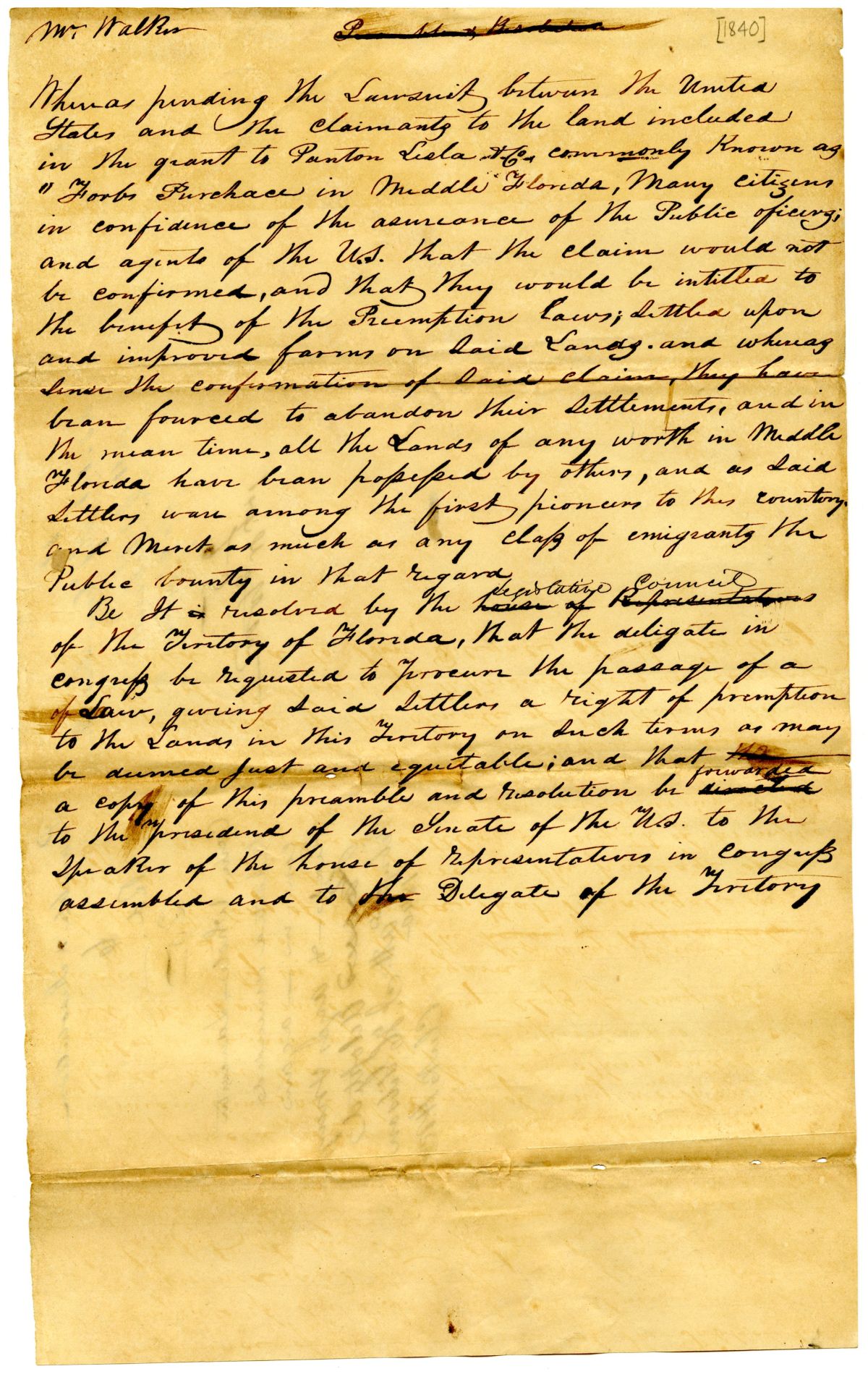 Resolution Instructing the Florida Delegate in Congress to Procure the Passage of a Law Giving Settlers a Right of Preemption on Land, 1840