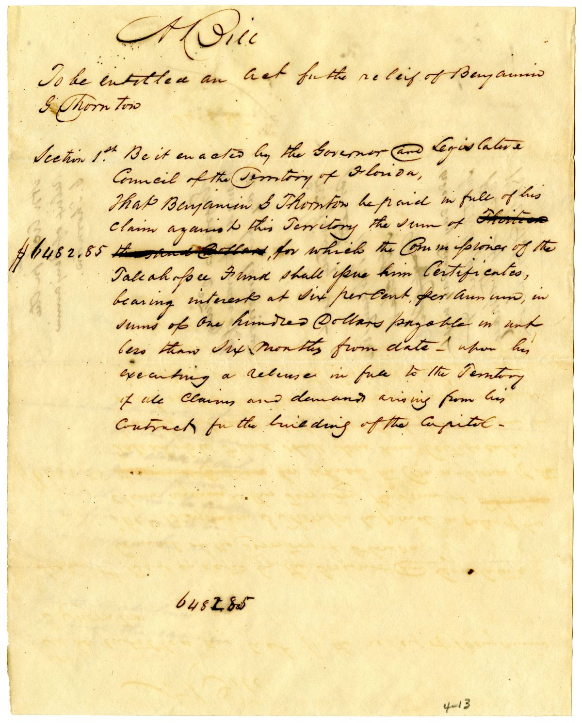 Draft of an Act for the Relief of Benjamin G. Thornton, 1842
