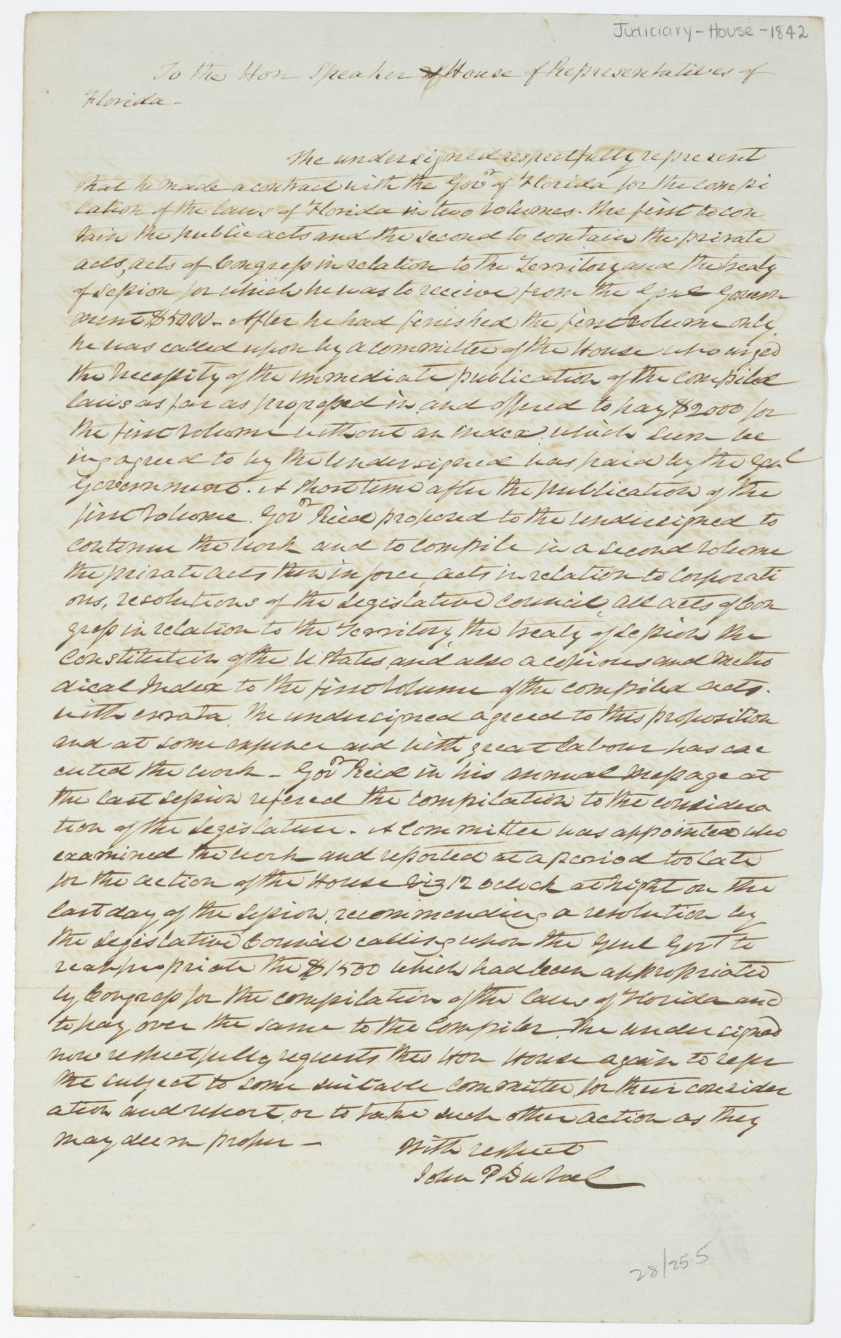Memorial of John P. Duval to the Speaker of the Florida House of Representatives, circa 1842