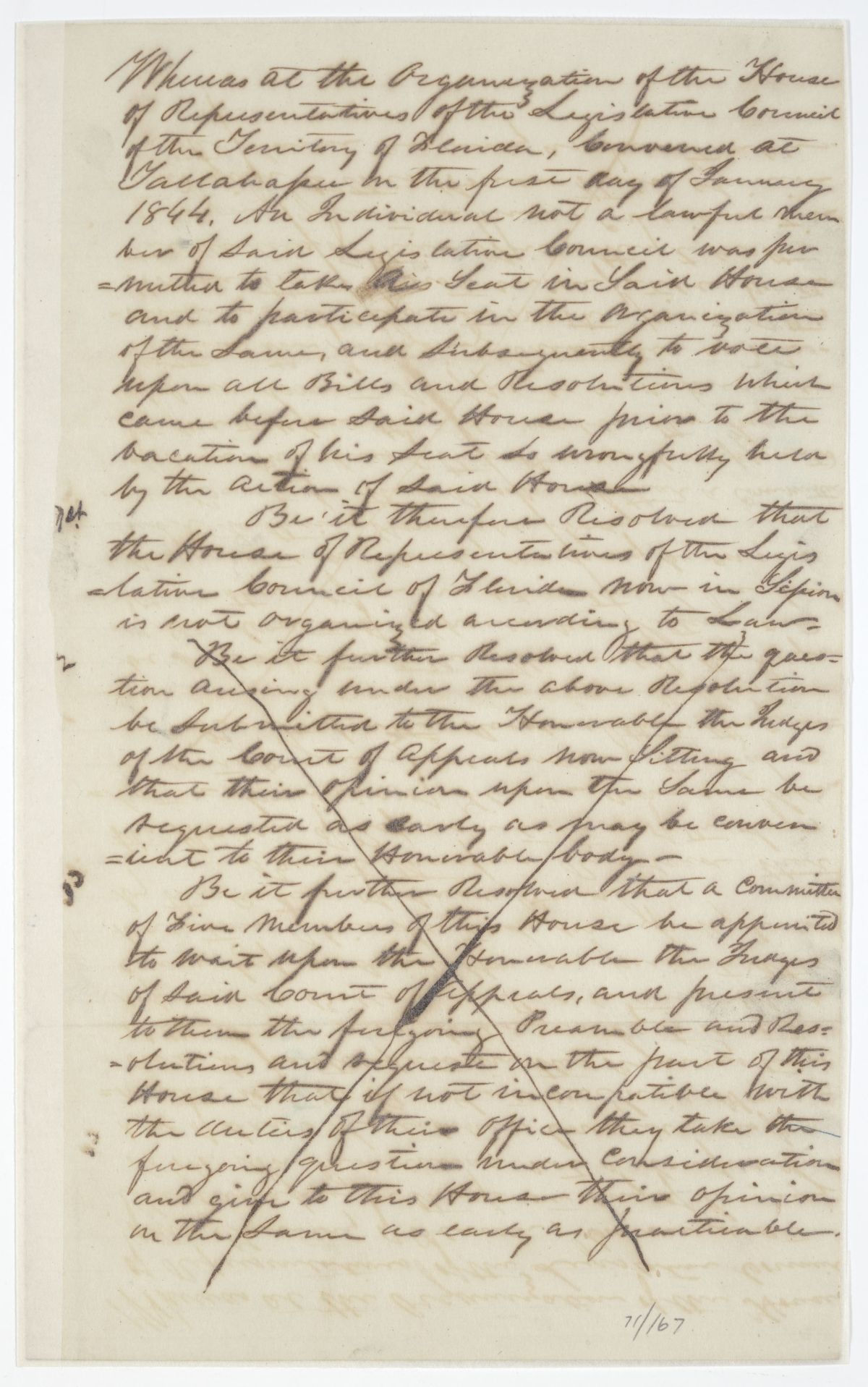 Resolution Declaring that the House of Representatives Now in Session is Not Organized According to Law, circa 1842