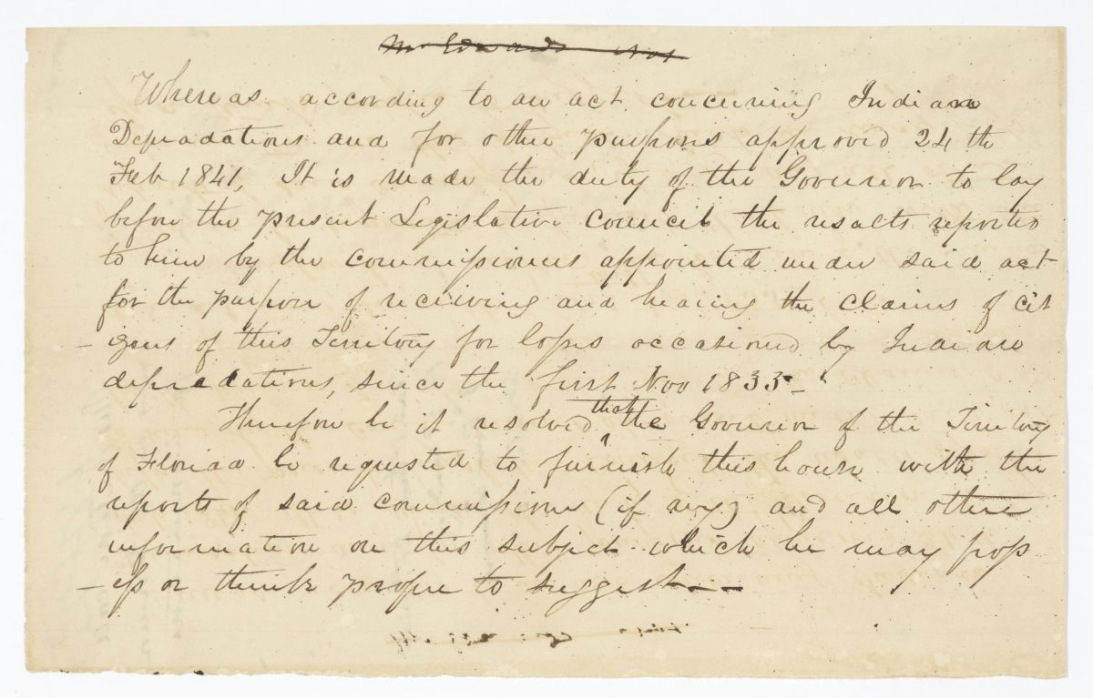 Resolution Requesting that the Governor Provide the Territorial Legislative Council with Information Concerning Indian War Claims, circa 1842