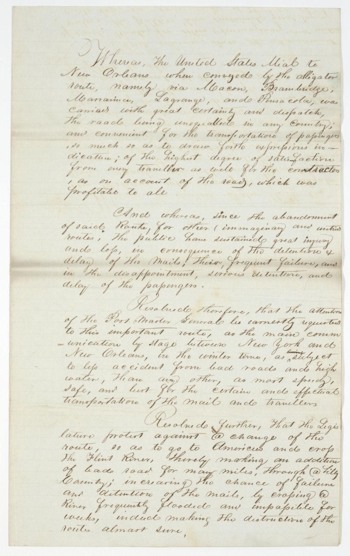 Resolution Instructing the Florida Delegate in Congress to Convey a Message Concerning Mail Routes to Congress, 1842
