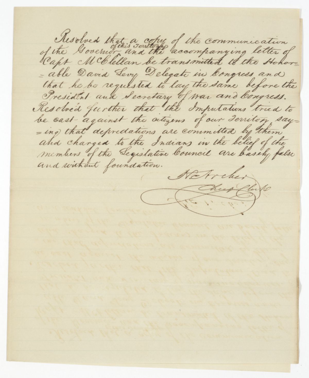 Resolution Directing the Florida Delegate in Congress to Deliver Communications to the Federal Government, circa 1842
