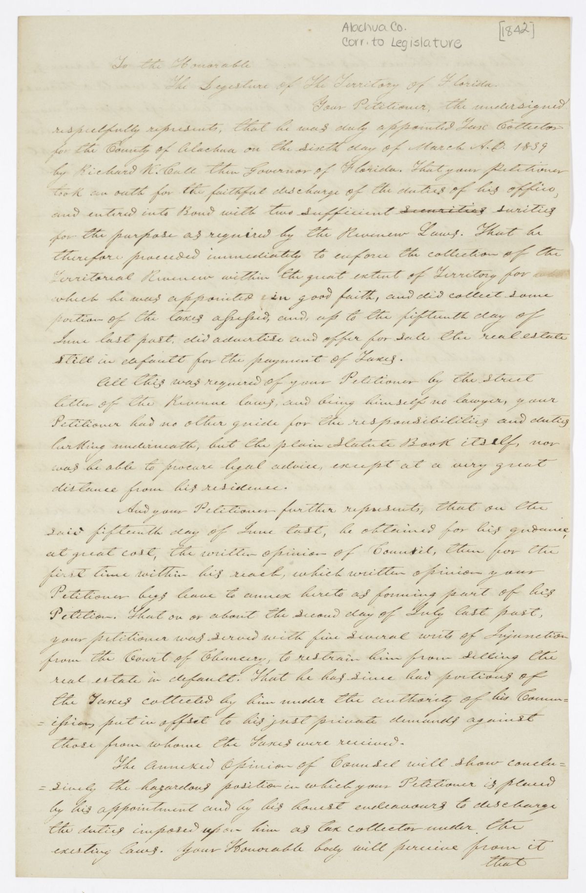 Petition of Jesse Carter Regarding his Employment as the Tax Collector of Alachua County, 1840
