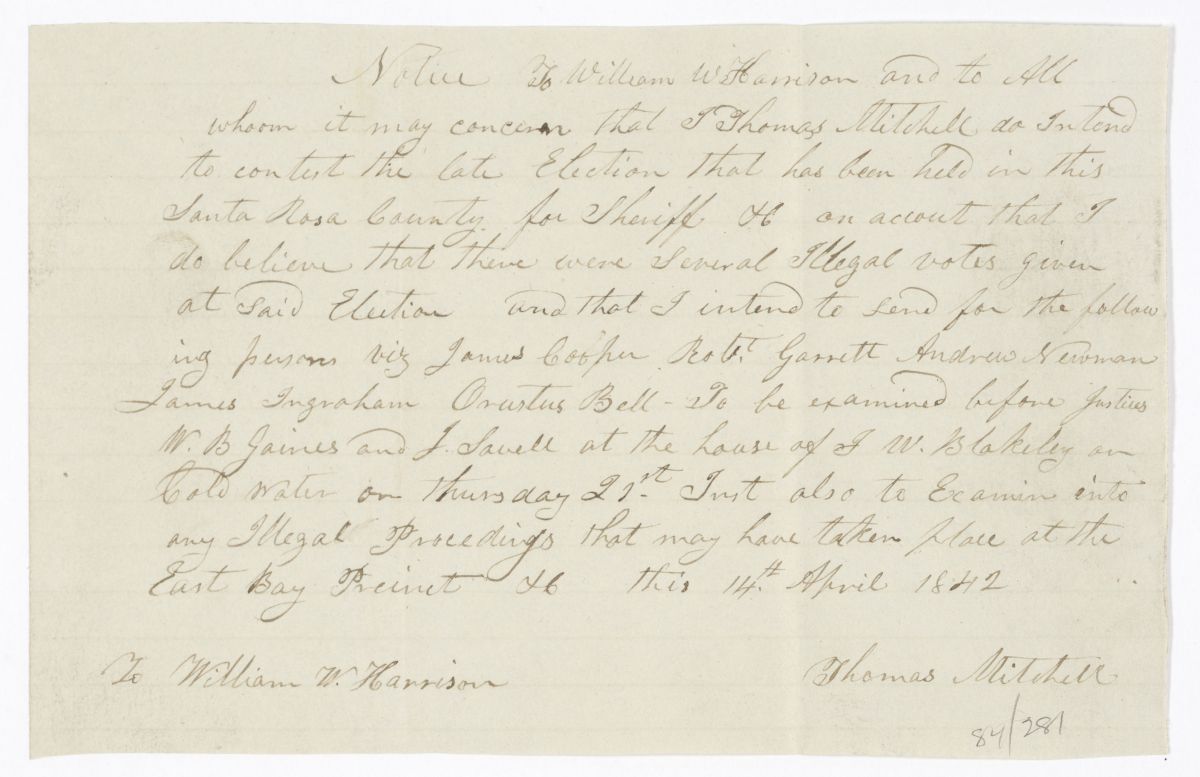 Copy of a Notice to William W. Harrison and Others that Thomas Mitchell Intends to Contest an Election, 1842