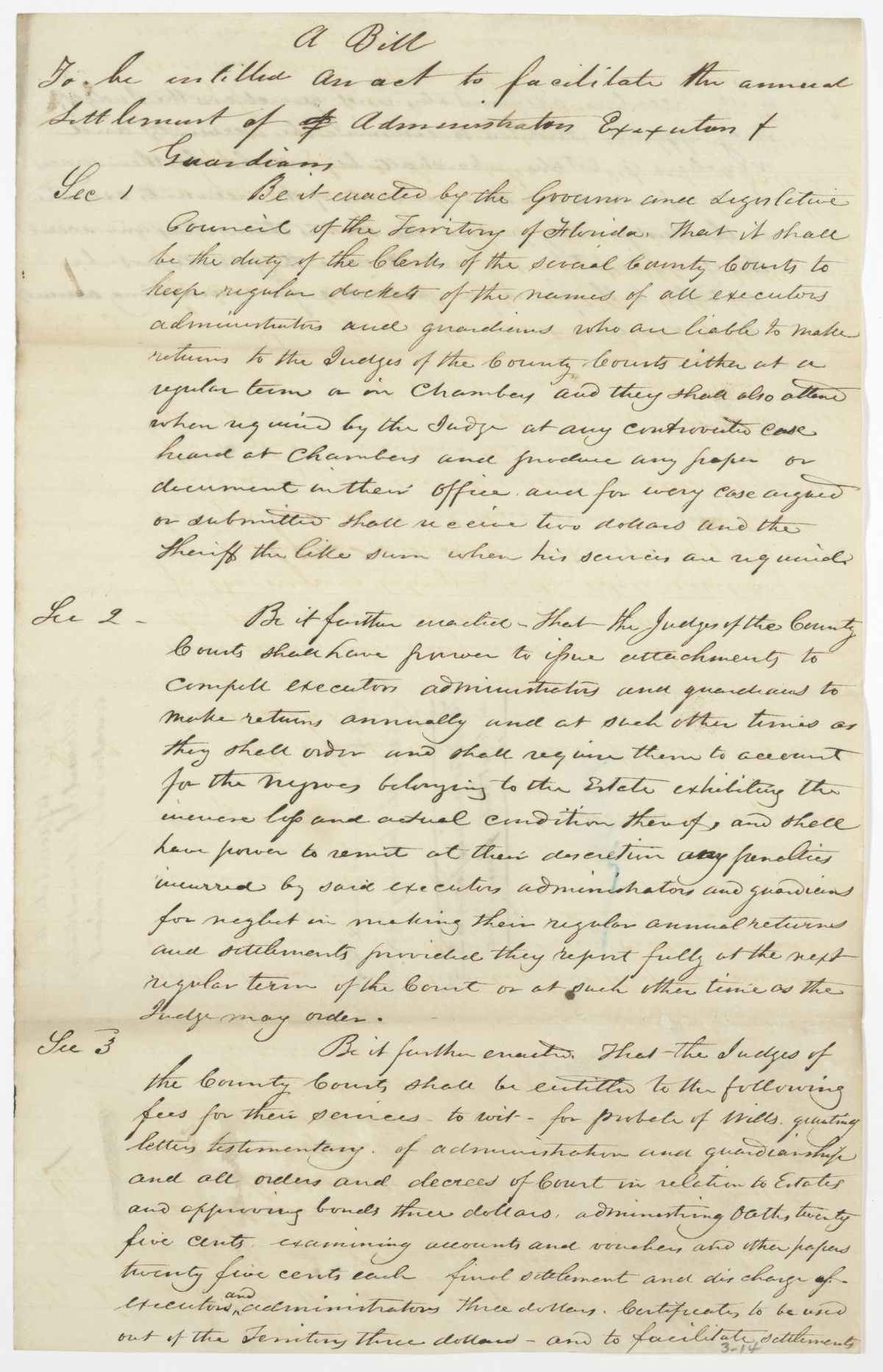Draft of an Act to Facilitate the Annual Settlement of Administrators, Executors and Guardians, circa 1842