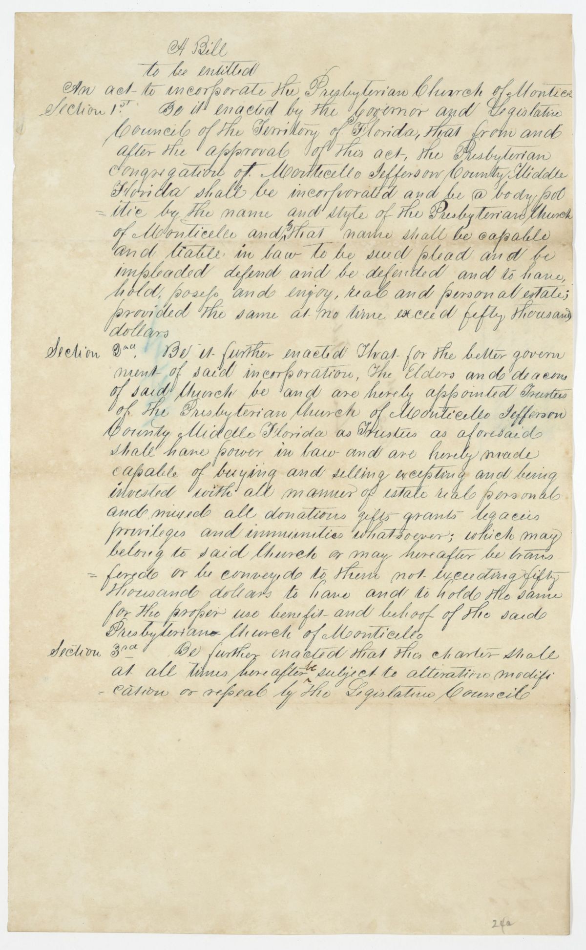 Draft of an Act to Incorporate the Presbyterian Church of Monticello, circa 1842