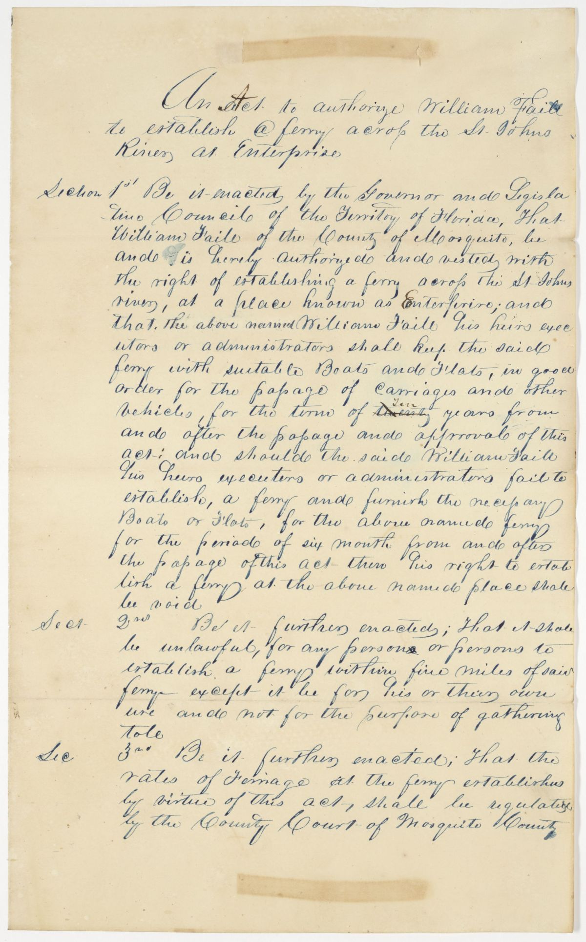Draft of an Act to Authorize William Faile to Establish a Ferry Across the Saint Johns River at Enterprise, 1843