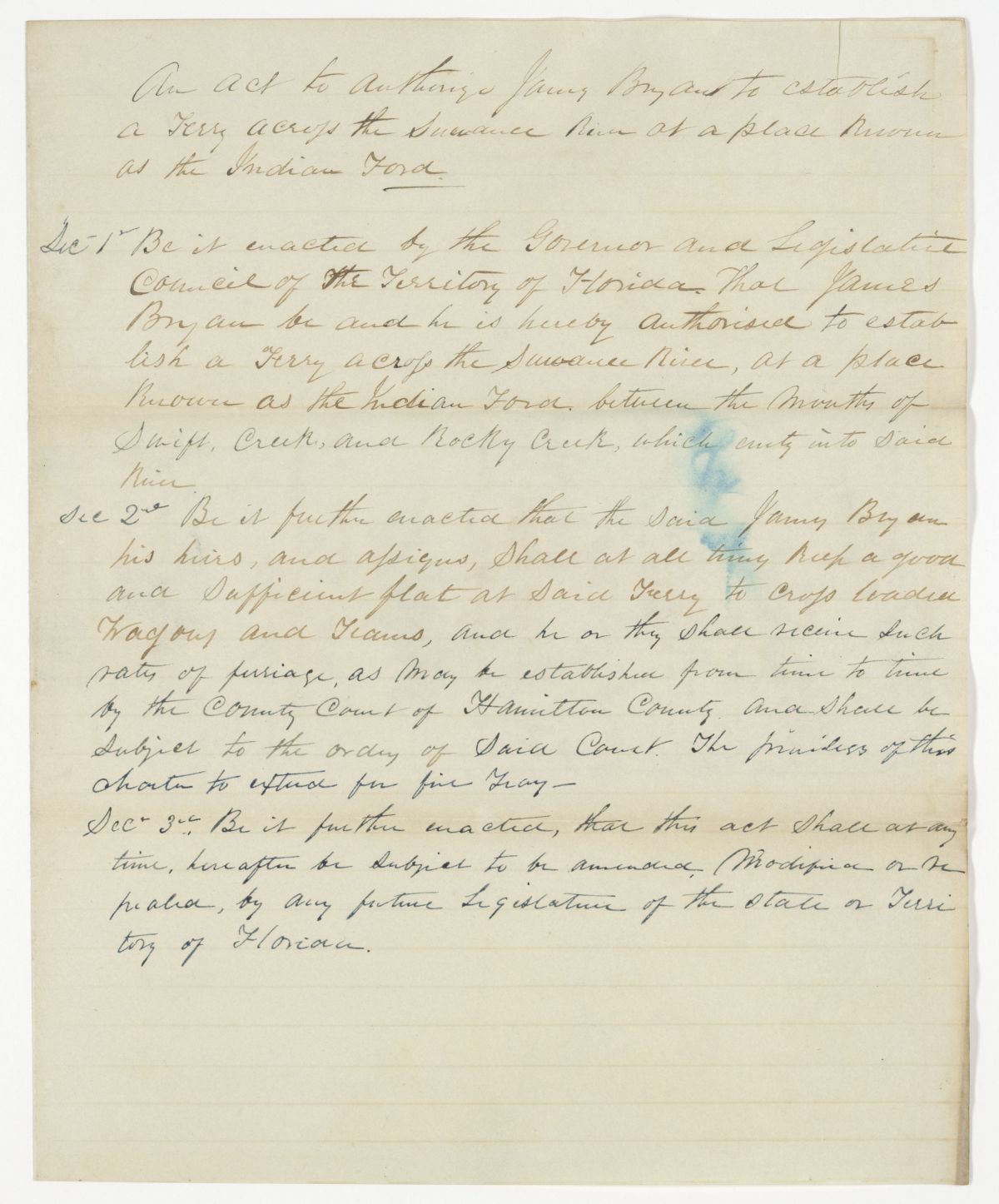 Draft of an Act to Authorize James Bryan to Establish a Ferry Across the Suwannee River, 1843