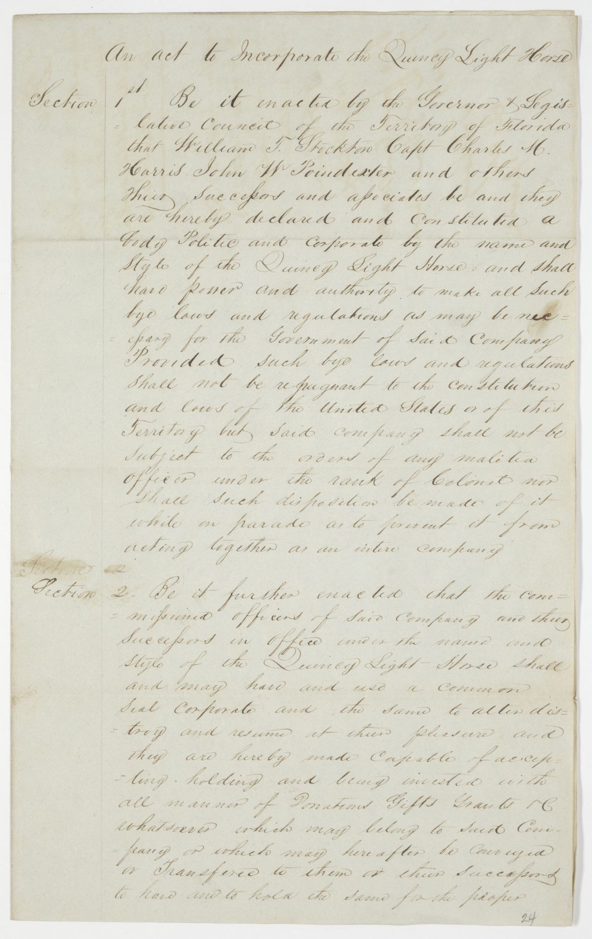 Draft of an Act to Incorporate the Quincy Light Horse, 1843