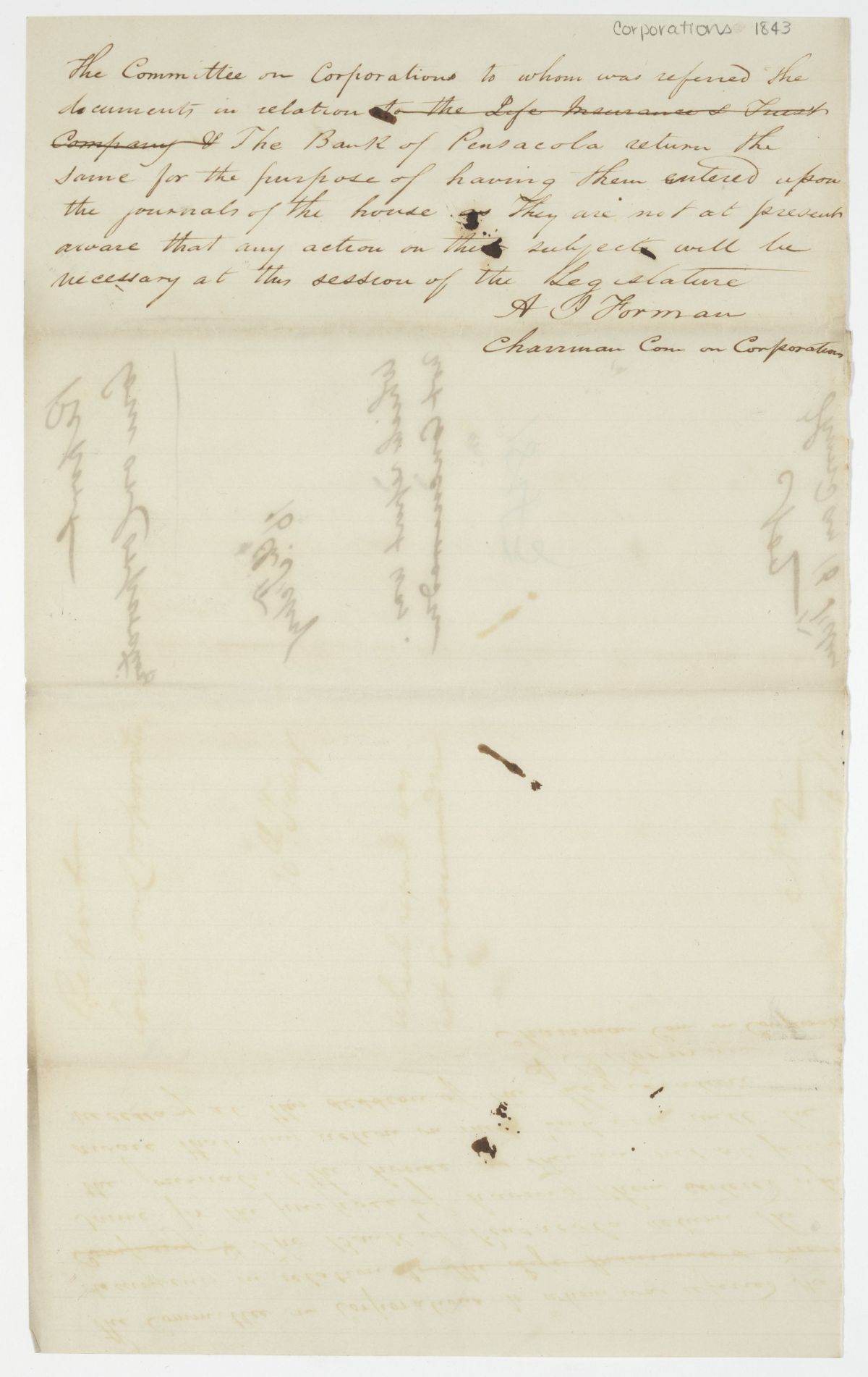 Report of the Committee on Corporations to Whom Was Referred the Documents in Relation to the Bank of Pensacola, circa 1843