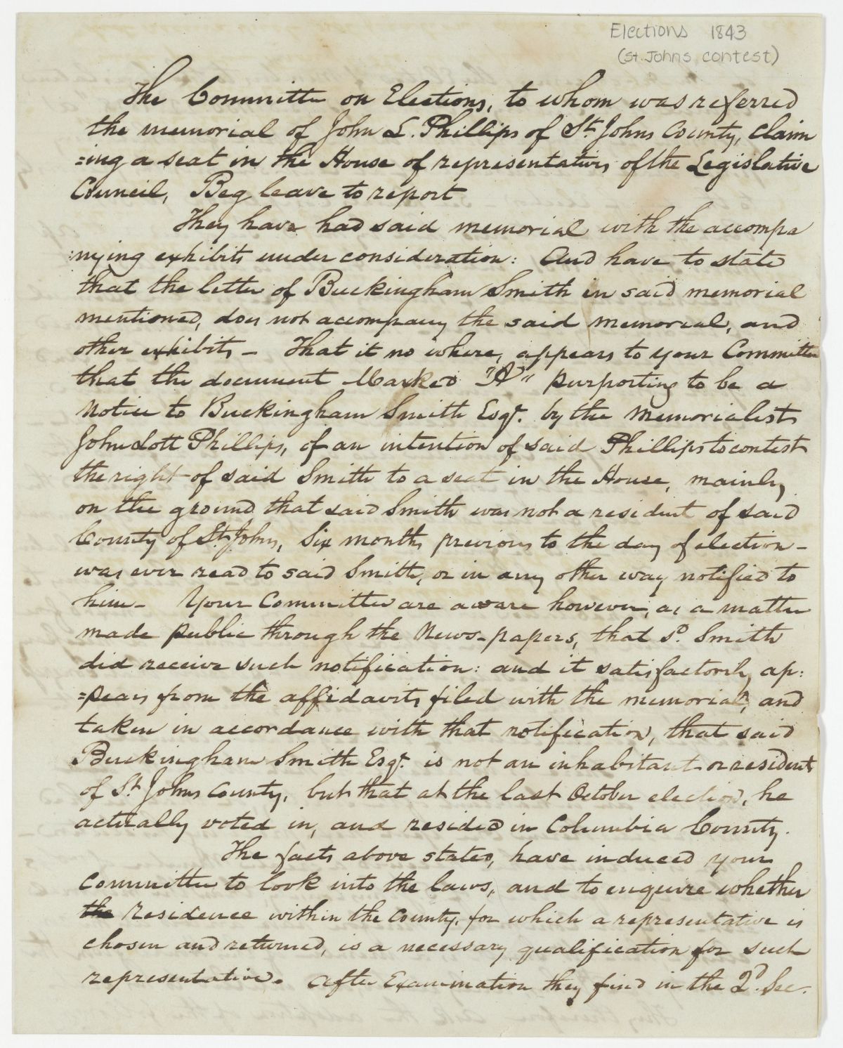 Documents Concerning a Contested Election Between John Lott Phillips and Buckingham Smith, 1842